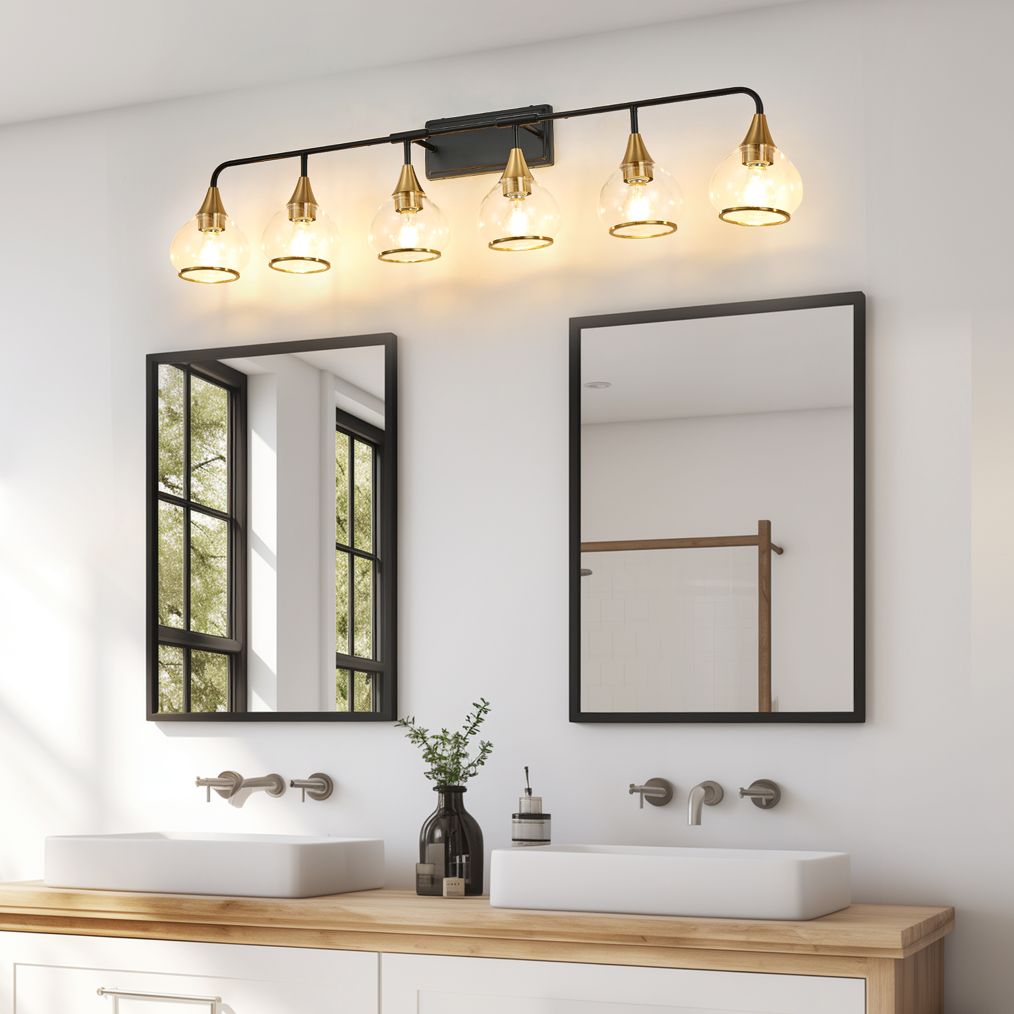 48" Modern 6-Light Vanity Wall Sconce - Black and Gold Bathroom Light Fixture with Clear Glass Shades, Industrial Wall Mounted Lamp for Mirror, Vanity, and Living Spaces (Bulb Not Included) photo 4