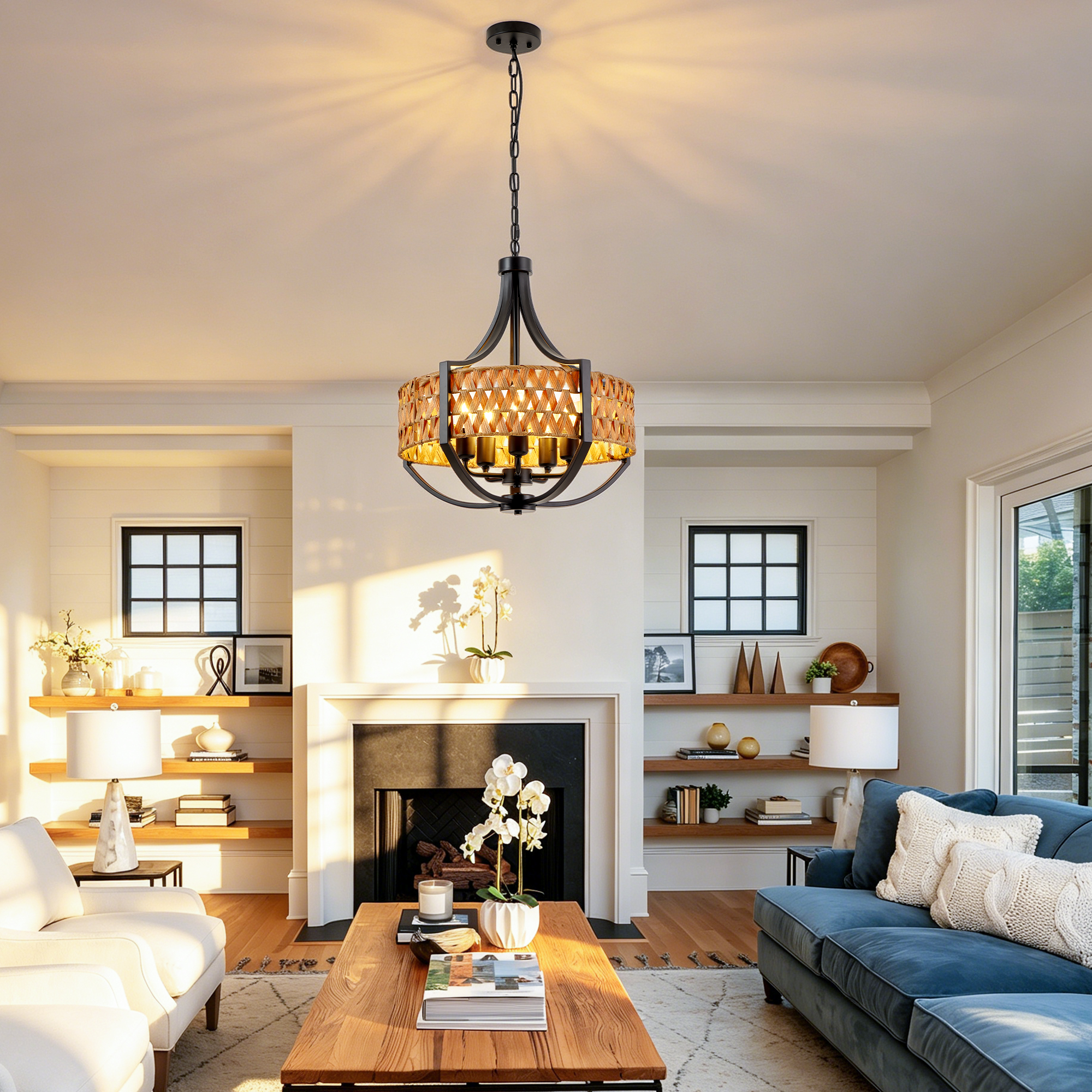19.7" Rattan Chandelier, 5-Light Boho Chandelier with Natural Woven Reed Shade, Black Farmhouse Hanging Ceiling Light Pendant Light for Dining Room, Living Room, Foyer, Bedroom Hallway photo 6