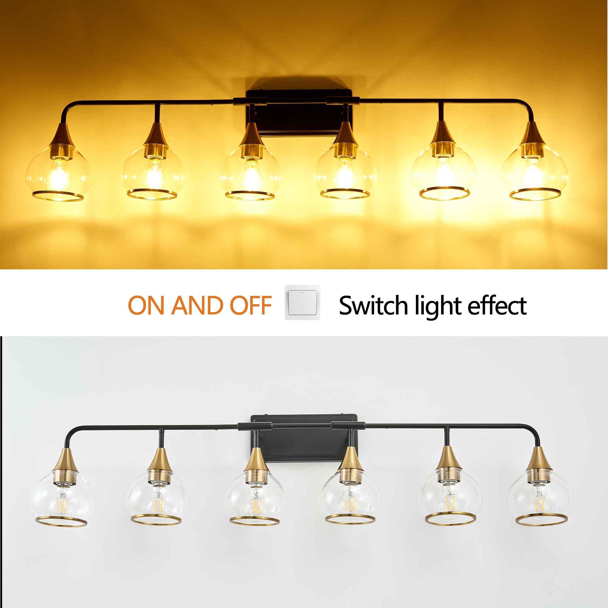 48" Modern 6-Light Vanity Wall Sconce - Black and Gold Bathroom Light Fixture with Clear Glass Shades, Industrial Wall Mounted Lamp for Mirror, Vanity, and Living Spaces (Bulb Not Included) photo 8