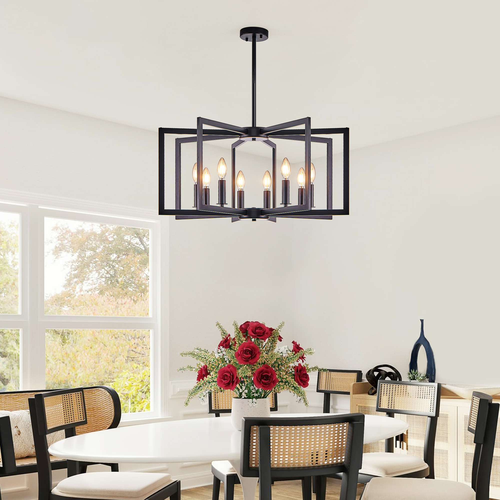 27" Modern Black Geometric 8-Light Chandelier – Industrial Metal Pendant Light Fixture for Living Room, Dining Room, or Kitchen (Bulb Not Included) photo 8