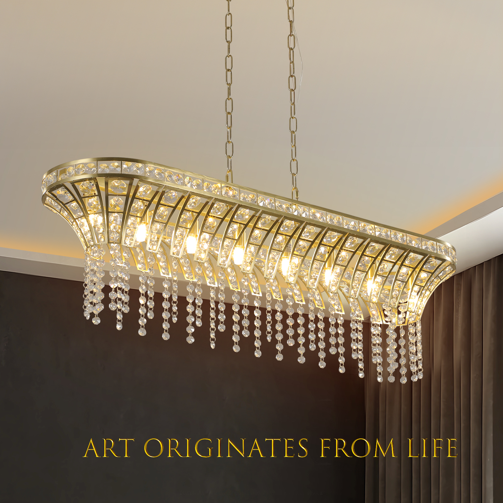 39" Modern Crystal Linear Rectangle Chandelier with Gold Finish, Elegant Pendant Light with Cascading Beads, for Dining Room, Living Room, or Foyer (Bulb Not Included) photo 3