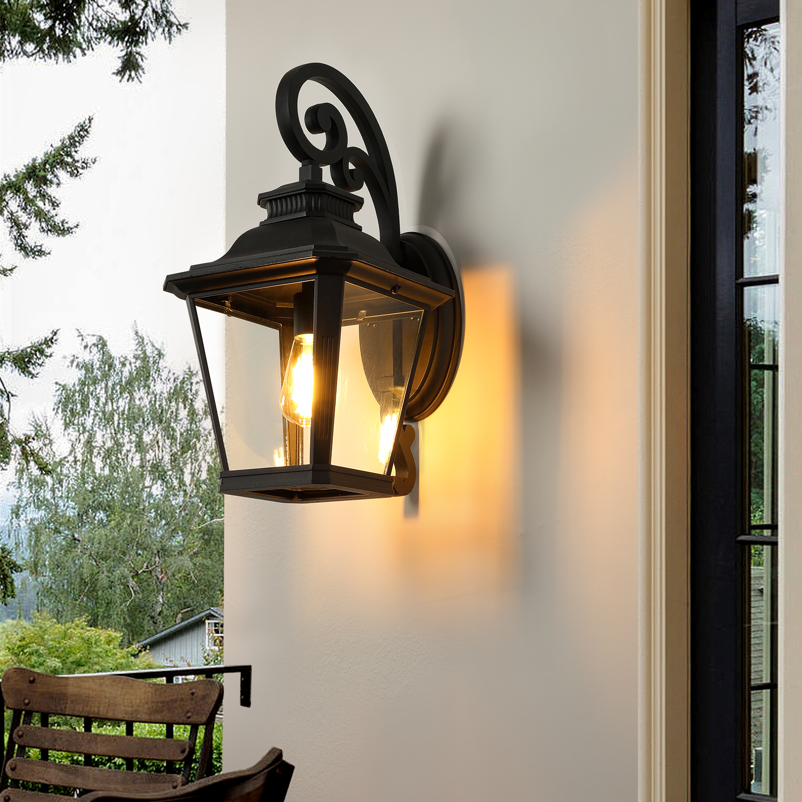 21"(H) 1-Pack Outdoor Wall Lantern Light – Vintage Black Metal & Clear Glass Sconce with Decorative Scroll Design for Porch, Patio, and Garden Lighting (Bulb Not Included) photo 1