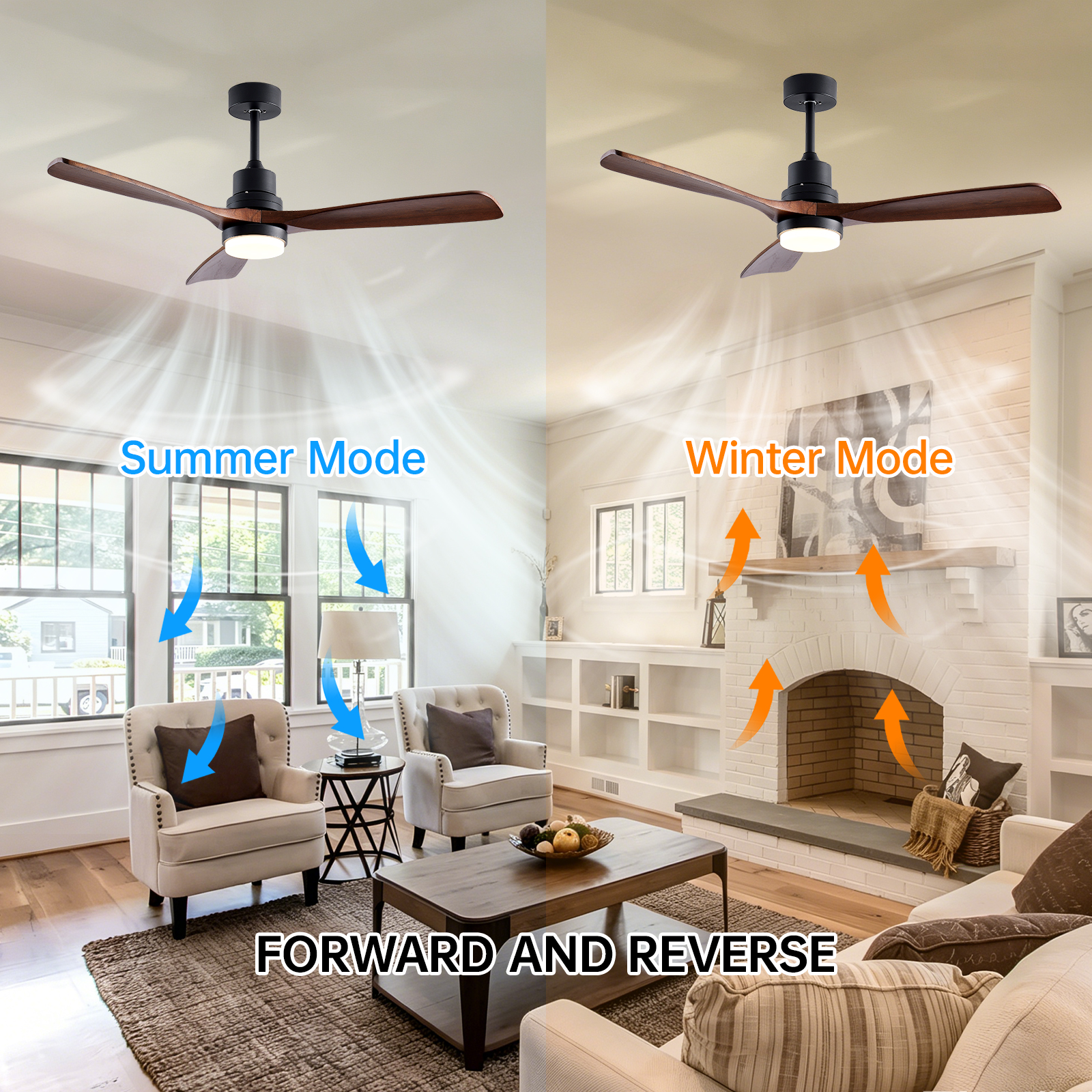 52" Wooden Ceiling Fans with Lighted Remote Control, Indoor Outdoor Wooden Ceiling Fan, Outdoor Modern Ceiling Fan with 3 Fan Blades for Patio, Living Room, Farmhouse, etc (Black + Walnut) photo 2