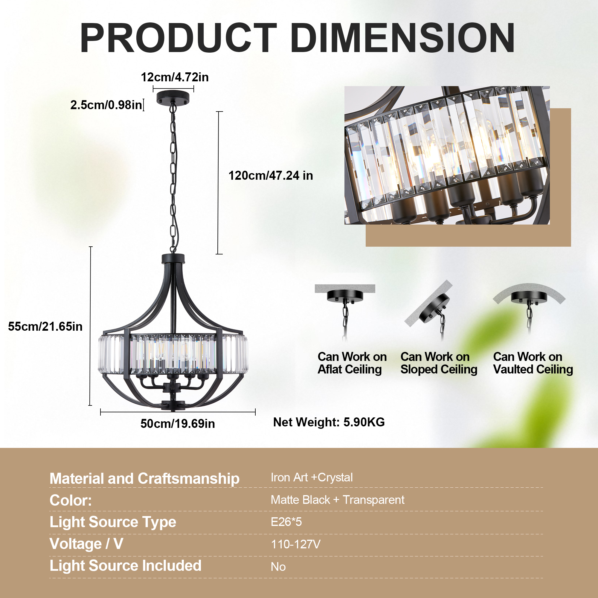 20" Modern Farmhouse Crystal Chandeliers for Dining Room, 5-Light Black Antique Pendant Chandelier, Contemporary Hanging Light Fixture for Living Room Bedroom Foyer Kitchen Island Entryway photo 5
