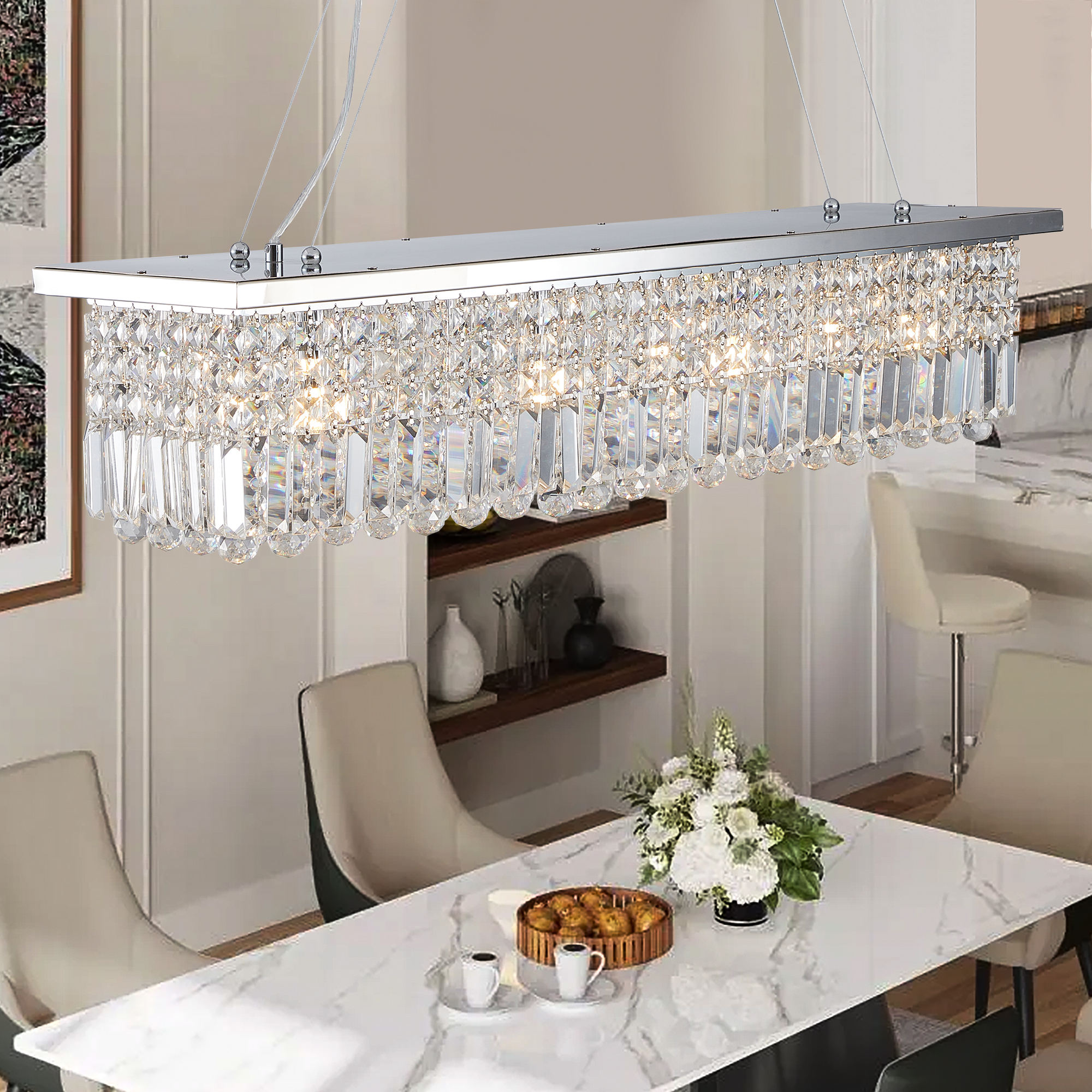 Modern Crystal Chandelier for Dining Room 8-Light White Rectangle Raindrop Chandelier Contemporary Rectangular Pendant Light Fixture for Kitchen Island Bar L39.4'' x W9.8'' x H8.7'(Bulb Not Included) photo 8
