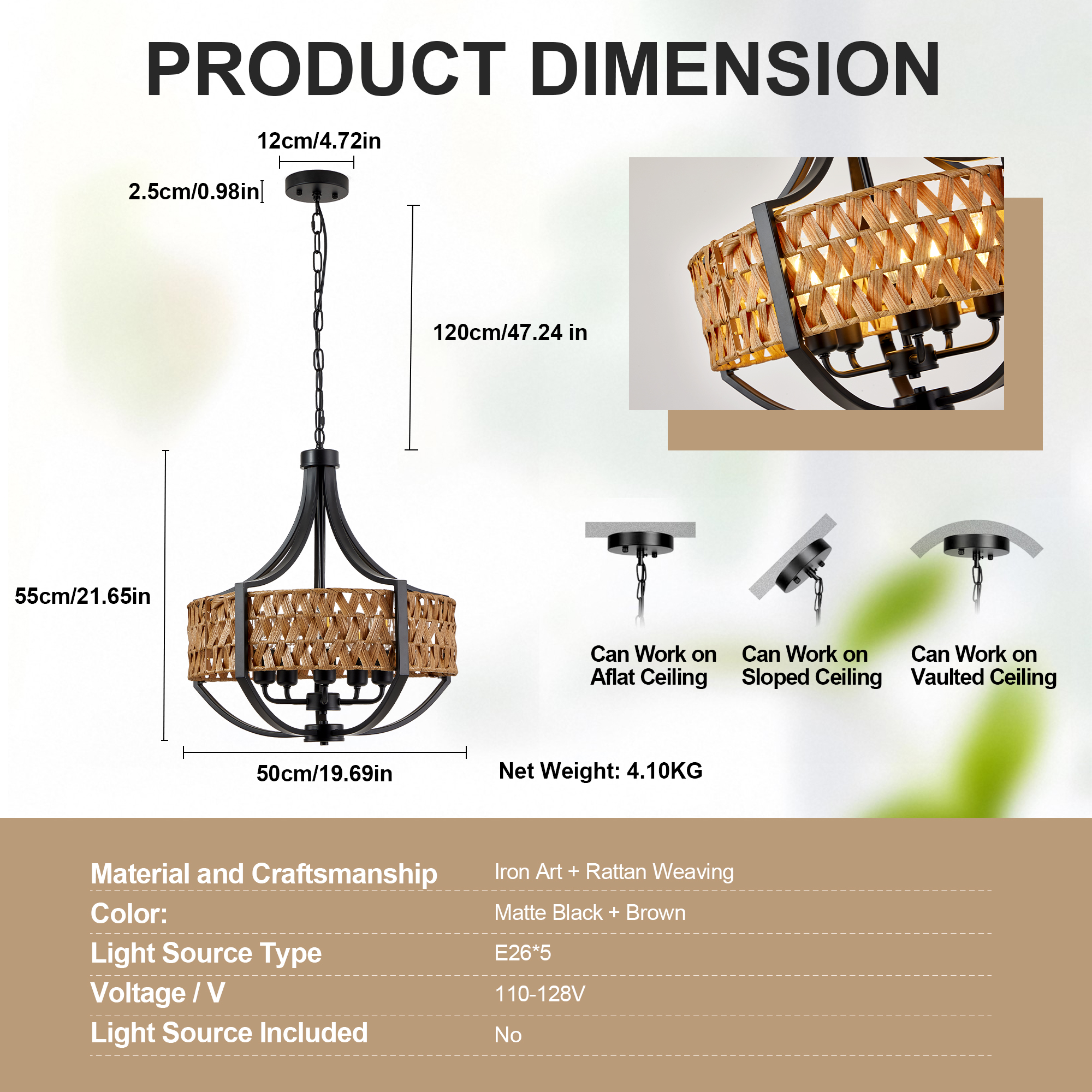 19.7" Rattan Chandelier, 5-Light Boho Chandelier with Natural Woven Reed Shade, Black Farmhouse Hanging Ceiling Light Pendant Light for Dining Room, Living Room, Foyer, Bedroom Hallway photo 7