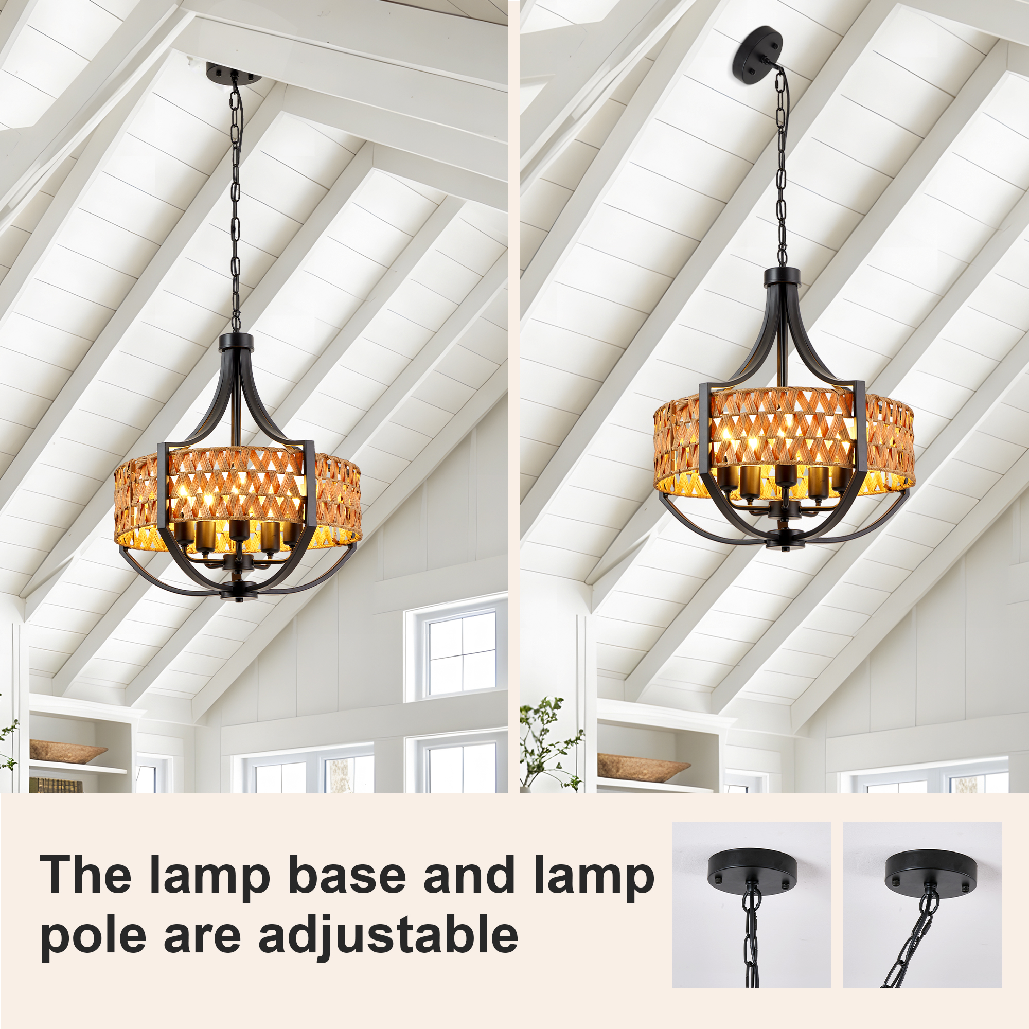 19.7" Rattan Chandelier, 5-Light Boho Chandelier with Natural Woven Reed Shade, Black Farmhouse Hanging Ceiling Light Pendant Light for Dining Room, Living Room, Foyer, Bedroom Hallway photo 5