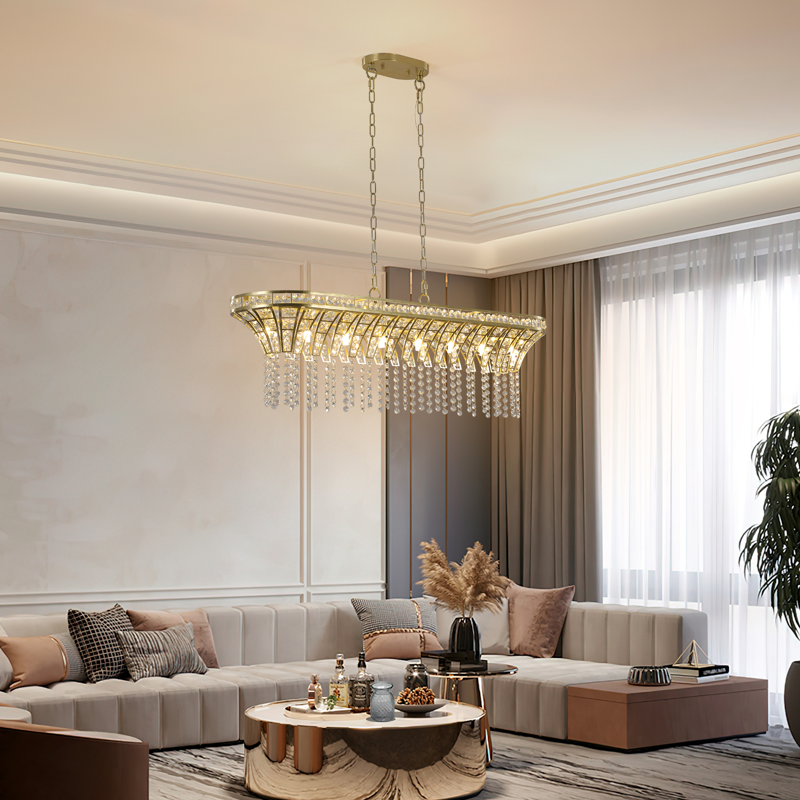 39" Modern Crystal Linear Rectangle Chandelier with Gold Finish, Elegant Pendant Light with Cascading Beads, for Dining Room, Living Room, or Foyer (Bulb Not Included) photo 1