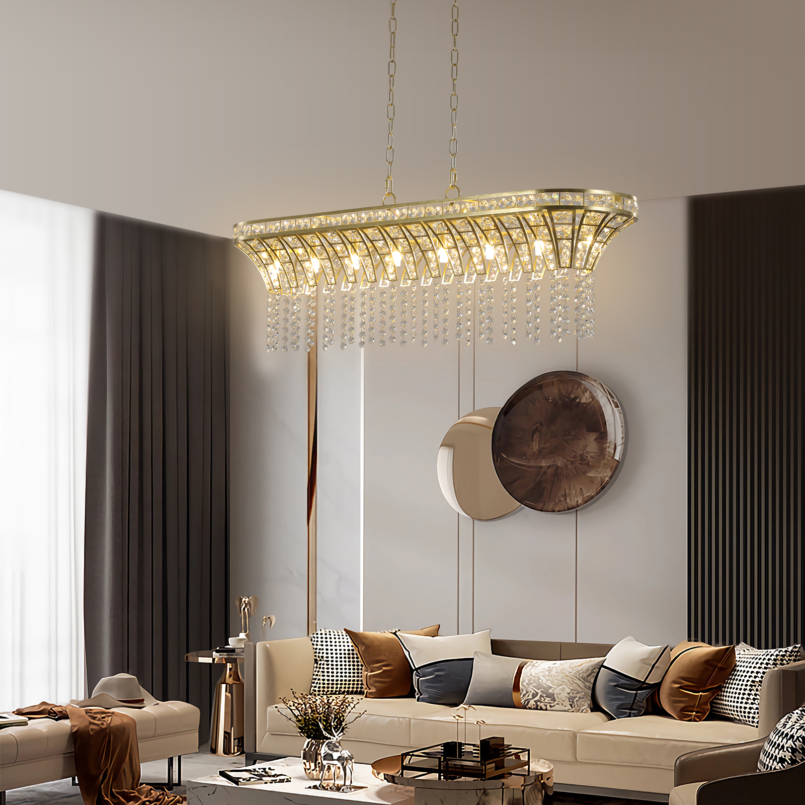 39" Modern Crystal Linear Rectangle Chandelier with Gold Finish, Elegant Pendant Light with Cascading Beads, for Dining Room, Living Room, or Foyer (Bulb Not Included) photo 4