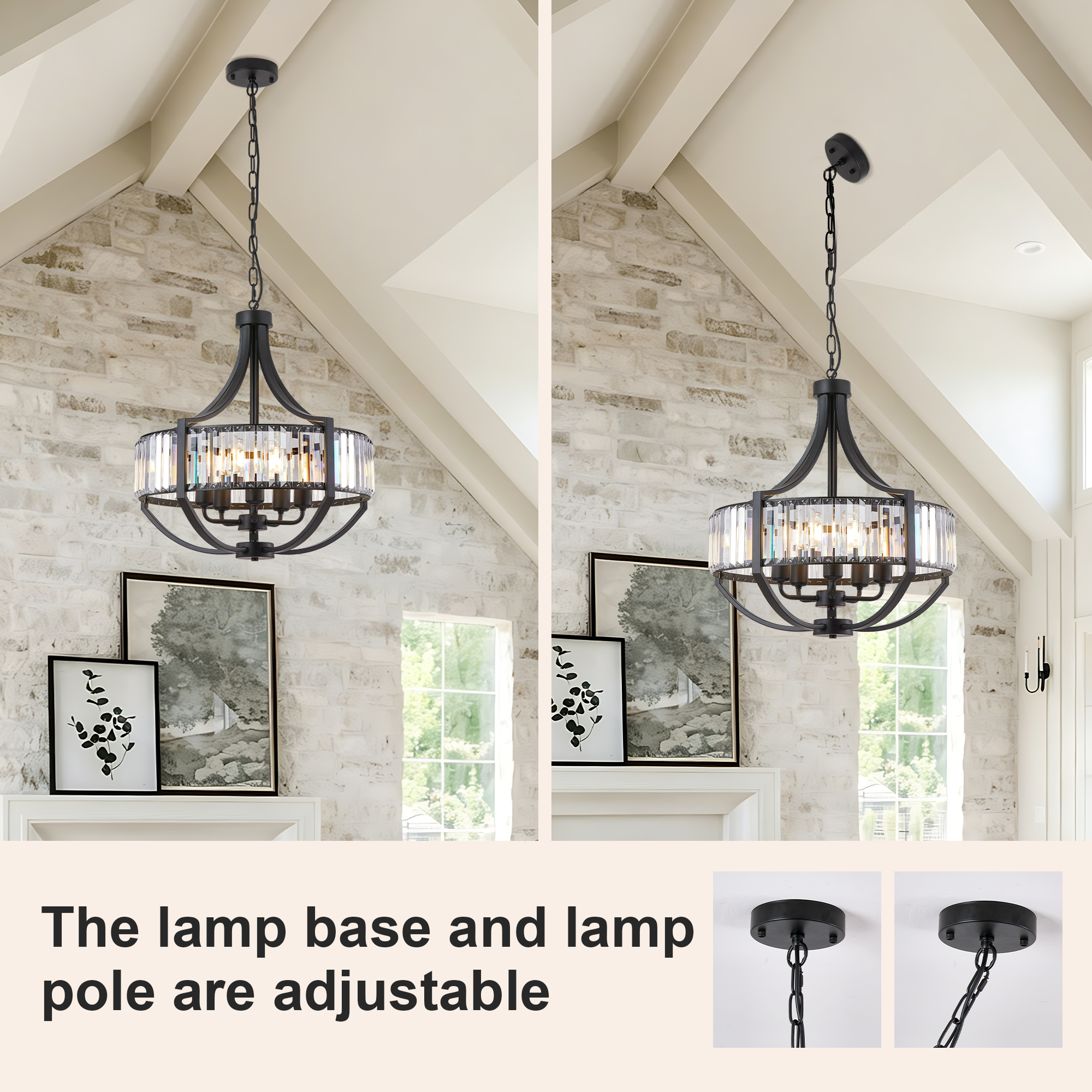 20" Modern Farmhouse Crystal Chandeliers for Dining Room, 5-Light Black Antique Pendant Chandelier, Contemporary Hanging Light Fixture for Living Room Bedroom Foyer Kitchen Island Entryway photo 6