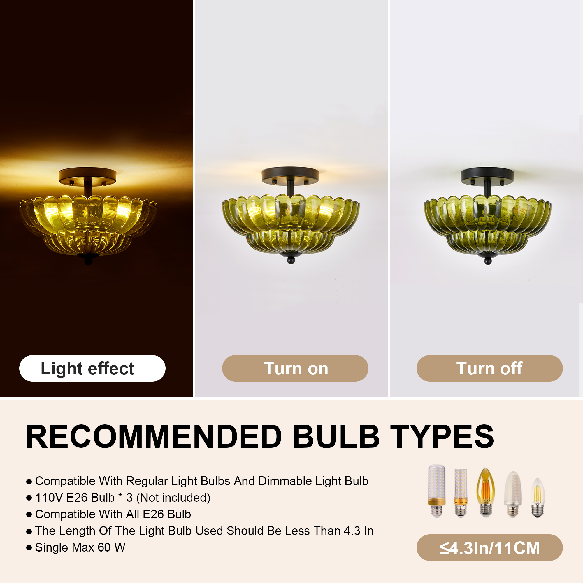 Semi Flush Mount Ceiling Light, Green Glass Ceiling Light Fixture, 3-Bulb Modern Black Close to Ceiling Light, Vintage Glass Ceiling Lights for Bedroom Kitchen Living Room, Bulb Not Included photo 5
