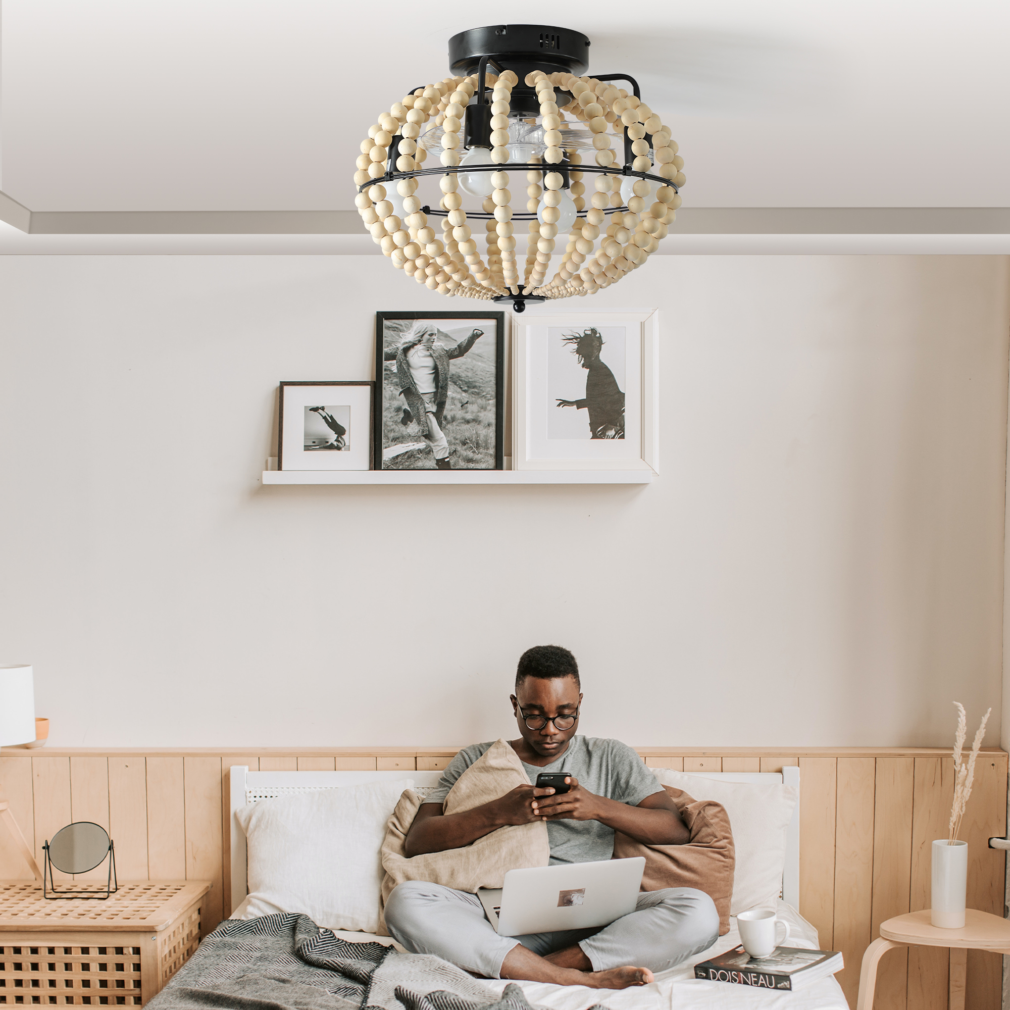 18" Bohemian Wood Beaded Ceiling Fan with Light, Flush Mount Caged Ceiling Fan, Rustic Farmhouse Low Profile Fan Light Fixture for Indoor Home Decor (Silent/6-Speed/Reversible/DC Motor) (No Bulbs) photo 2