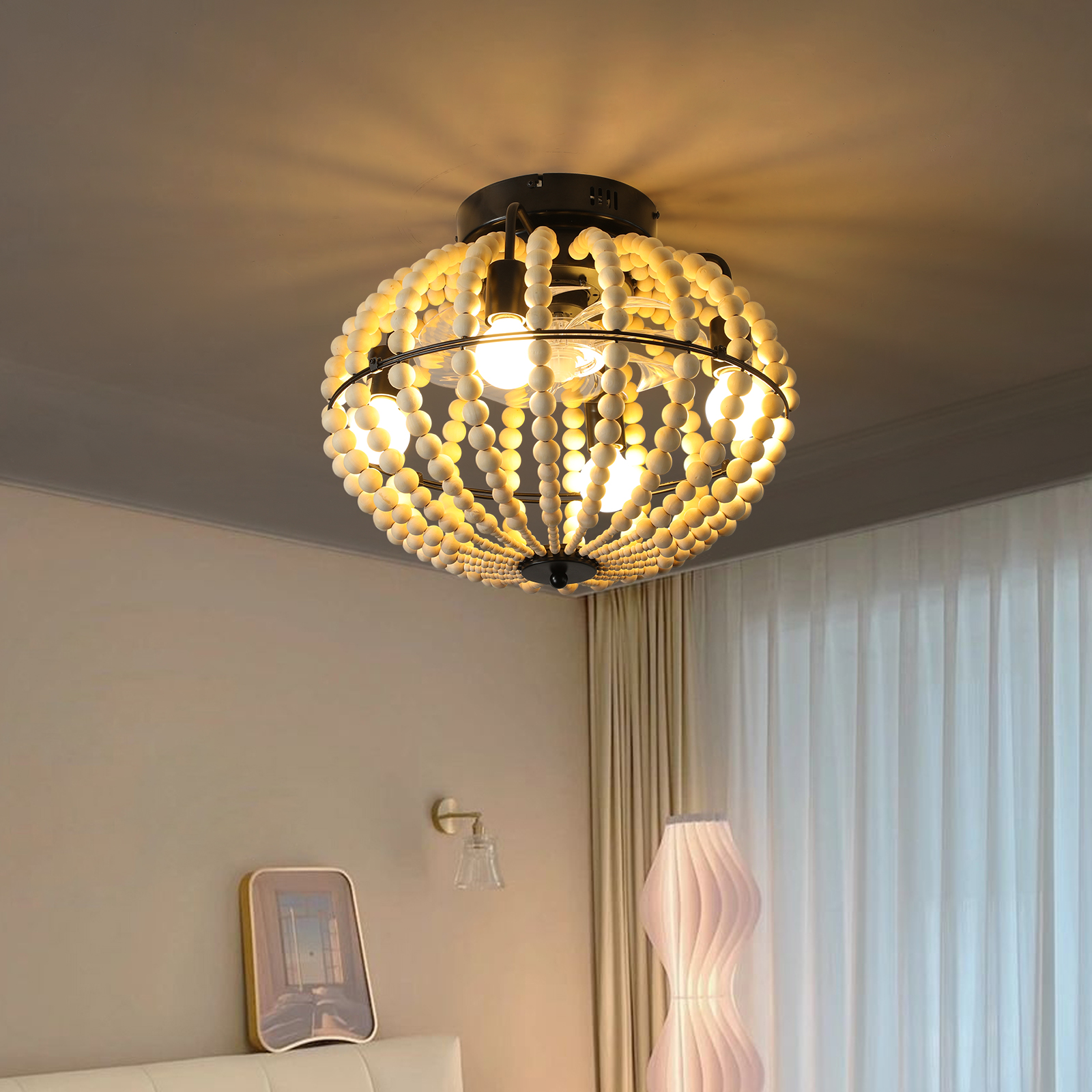 18" Bohemian Wood Beaded Ceiling Fan with Light, Flush Mount Caged Ceiling Fan, Rustic Farmhouse Low Profile Fan Light Fixture for Indoor Home Decor (Silent/6-Speed/Reversible/DC Motor) (No Bulbs) photo 6