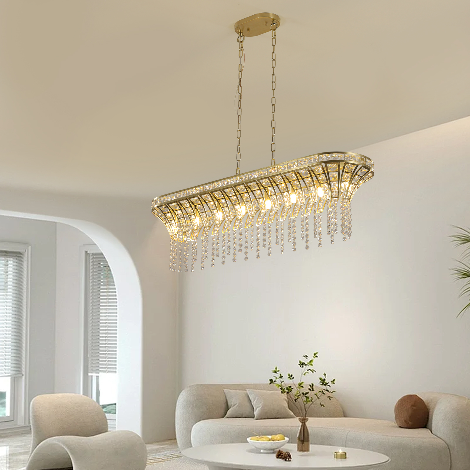 39" Modern Crystal Linear Rectangle Chandelier with Gold Finish, Elegant Pendant Light with Cascading Beads, for Dining Room, Living Room, or Foyer (Bulb Not Included) photo 6