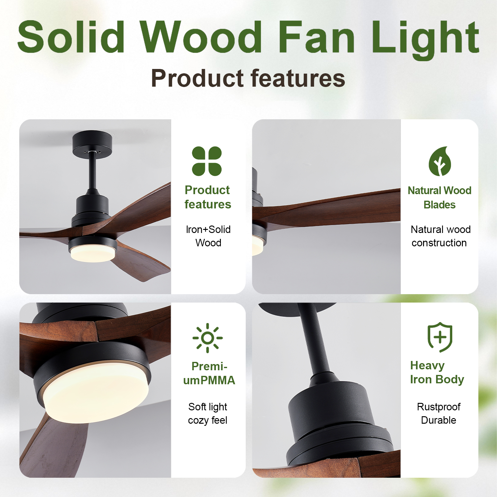 52" Wooden Ceiling Fans with Lighted Remote Control, Indoor Outdoor Wooden Ceiling Fan, Outdoor Modern Ceiling Fan with 3 Fan Blades for Patio, Living Room, Farmhouse, etc (Black + Walnut) photo 3
