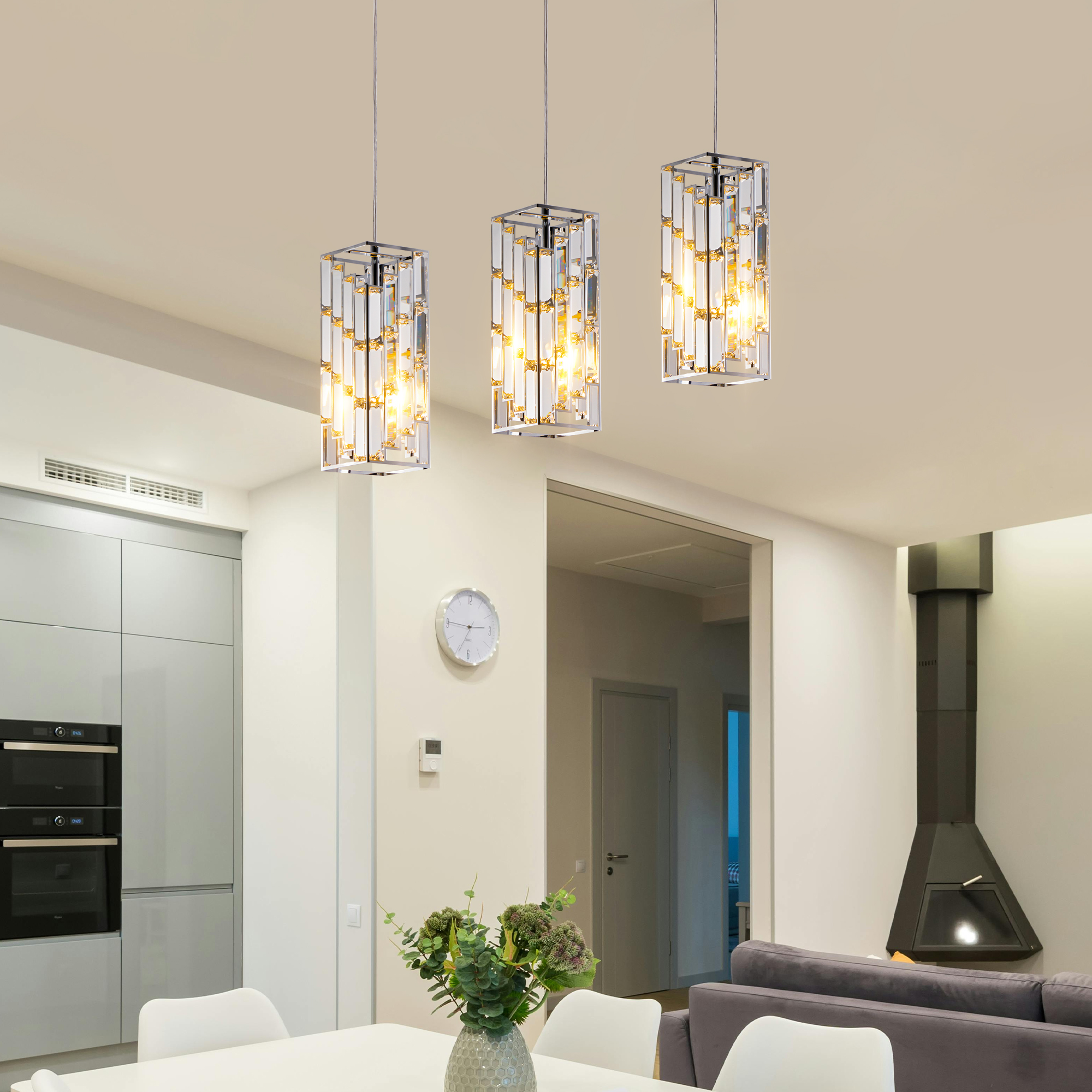 4" Modern Crystal Pendant Light - 3 Pack, Adjustable Hanging Ceiling Lamp with Crystal Prism Design for Dining Room, Kitchen Island, and Living Room -Chrome Finish photo 6