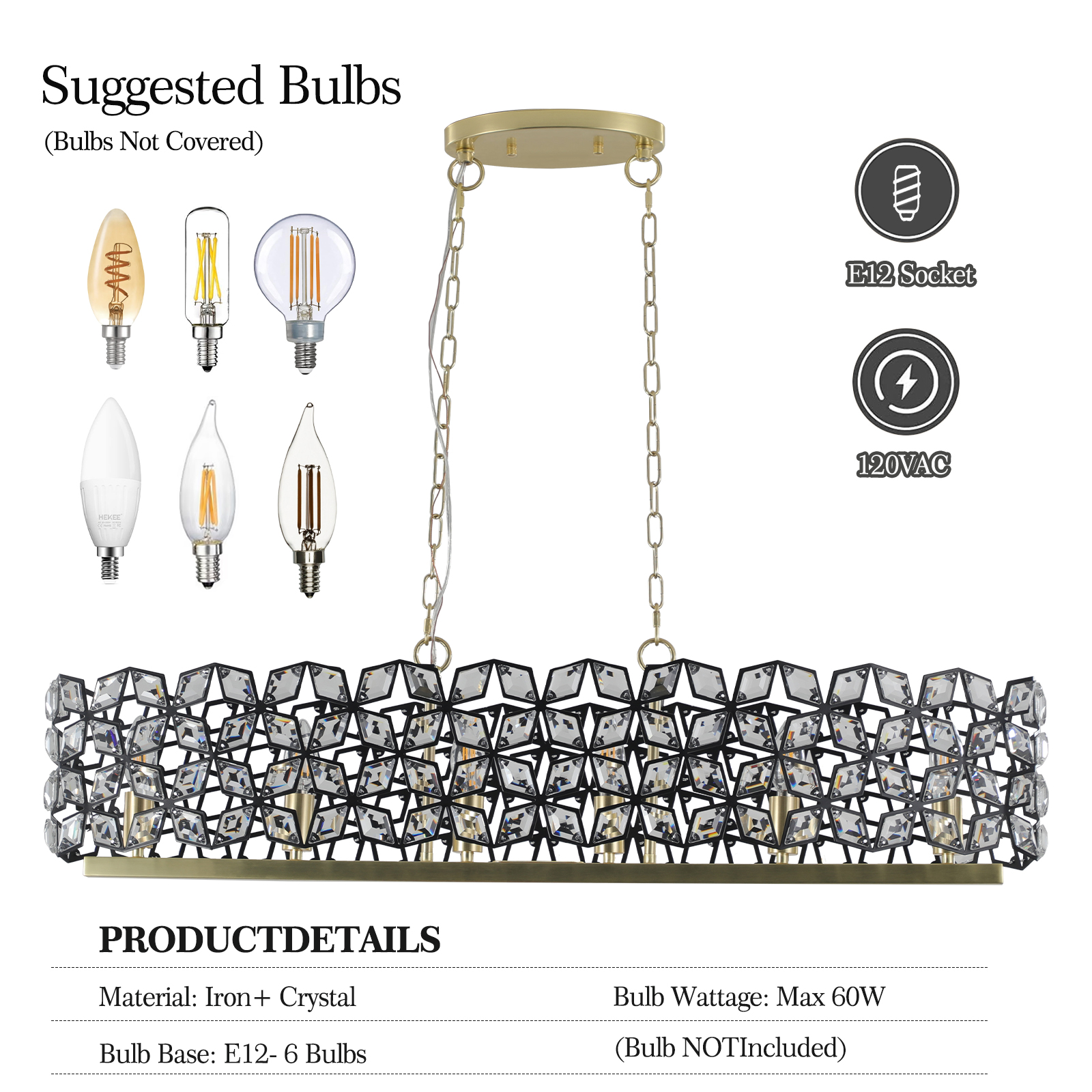 39" Contemporary Crystal and BlackGold Pendant Chandelier – Geometric Modern Light Fixture for Dining Room, Kitchen, or Living Room (Bulb Not Included) photo 5