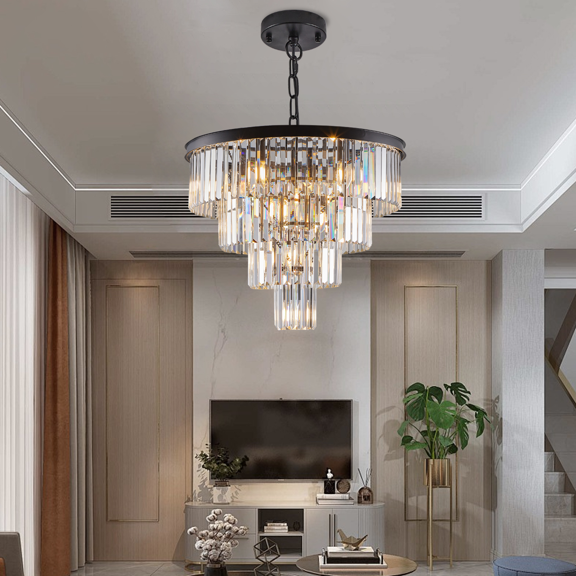 (Same as W1340P188542/L5007-600-B) 24" Contemporary Crystal Modern Chandeliers Crystal Ceiling Chandelier 4 Tier Black Chandelier Lighting for Dining Room Living Room Bedroom (Bulbs Not included) photo 5