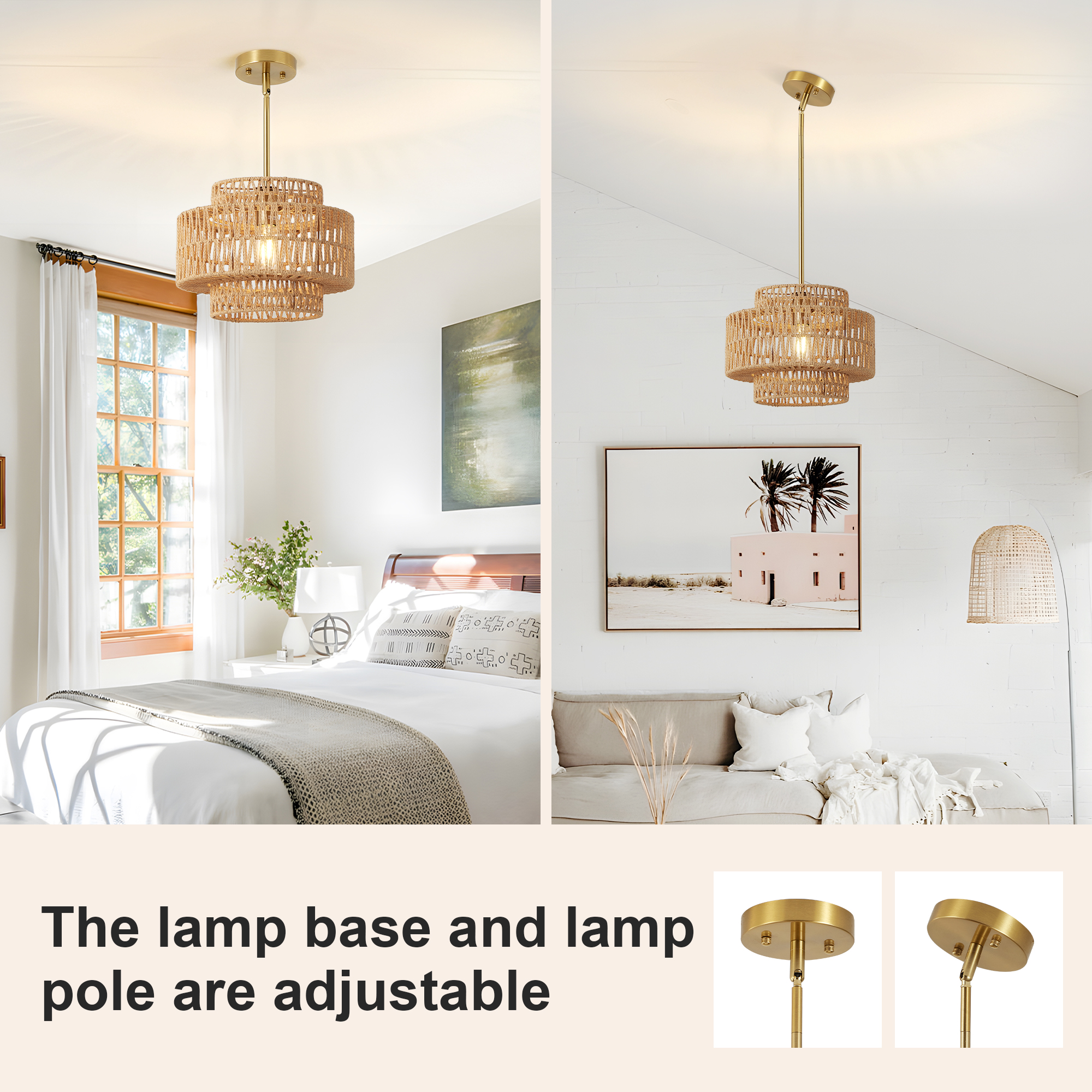 12.6 in Boho Rattan Chandelier Light Fixture,1-Light Hand Woven Pendant Light Fixture Farmhouse Rustic Hanging Lamp for Kitchen Island Bedroom, Dining Room, Living Room, Entryway, Foyer photo 5