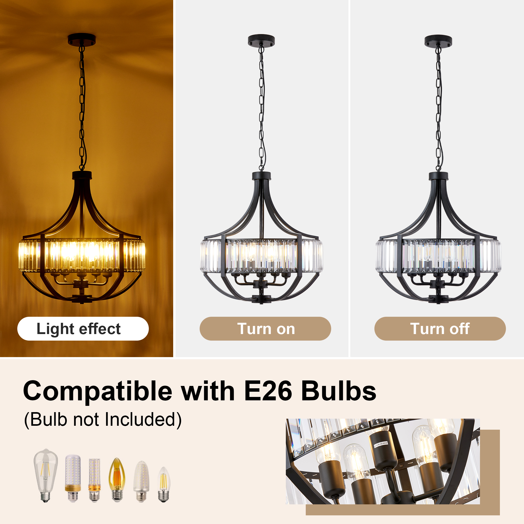 20" Modern Farmhouse Crystal Chandeliers for Dining Room, 5-Light Black Antique Pendant Chandelier, Contemporary Hanging Light Fixture for Living Room Bedroom Foyer Kitchen Island Entryway photo 2
