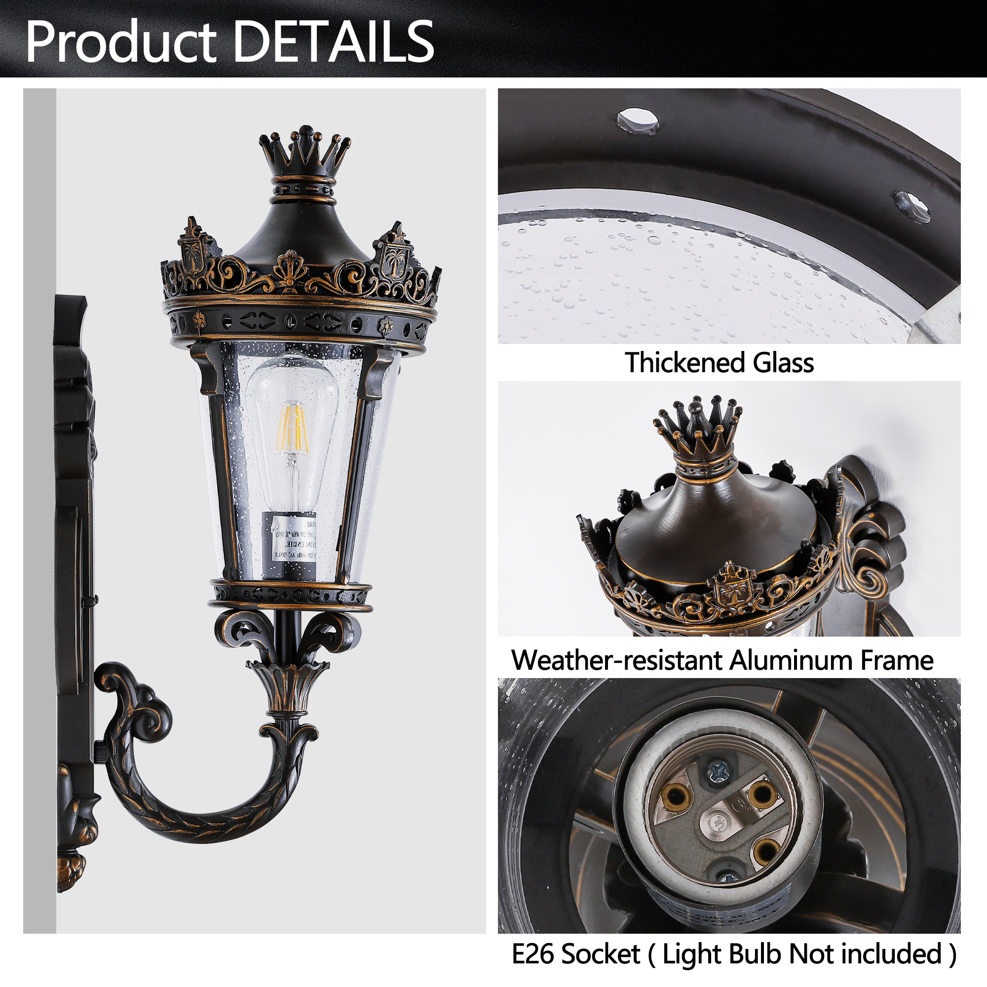 21"(H) Vintage Outdoor Wall Lantern, Waterproof Exterior Wall Sconce with Crown Top and Clear Glass, Decorative Outdoor Lighting Fixture for Patio, Garden, or Entryway (One piece&No bulb) photo 2