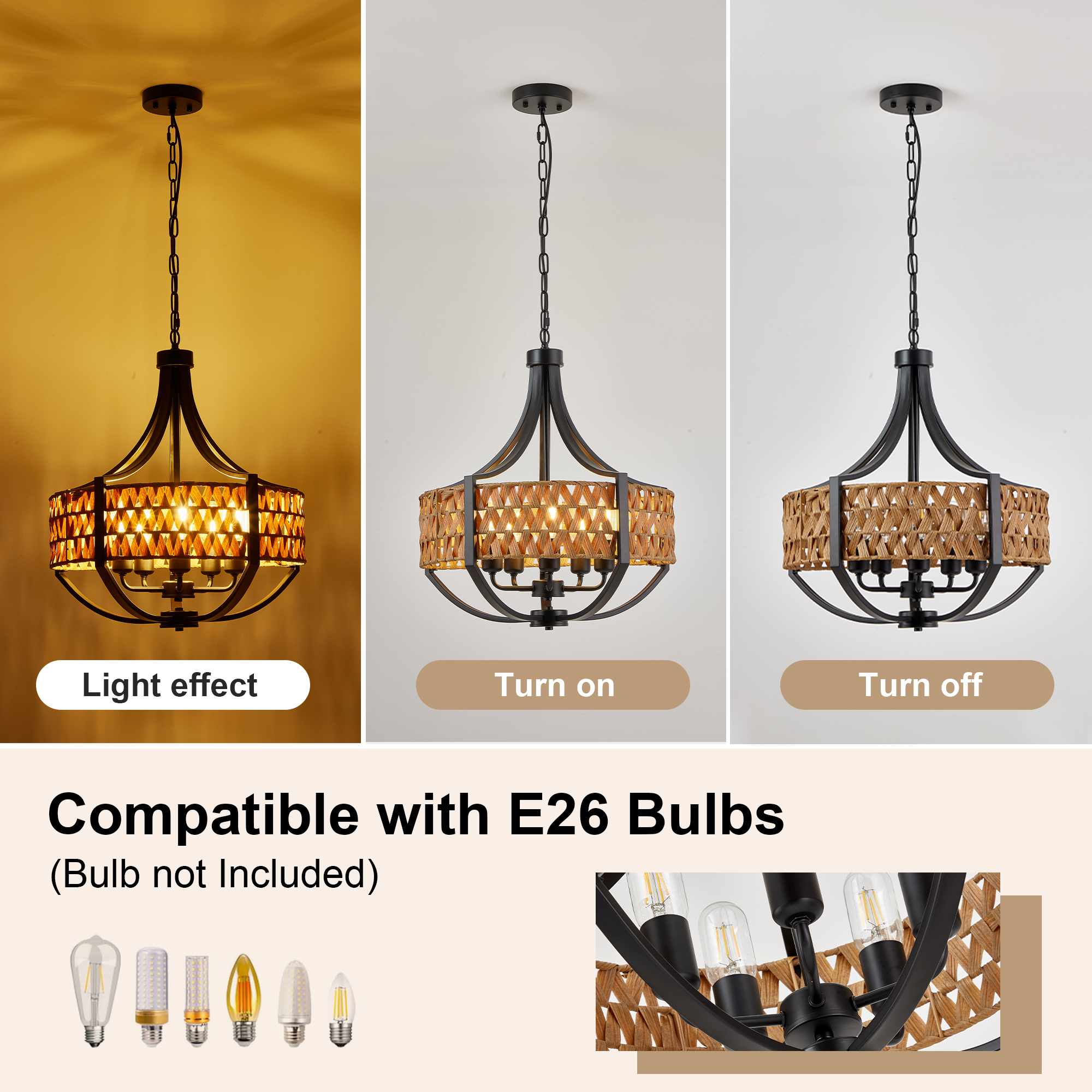 19.7" Rattan Chandelier, 5-Light Boho Chandelier with Natural Woven Reed Shade, Black Farmhouse Hanging Ceiling Light Pendant Light for Dining Room, Living Room, Foyer, Bedroom Hallway photo 3