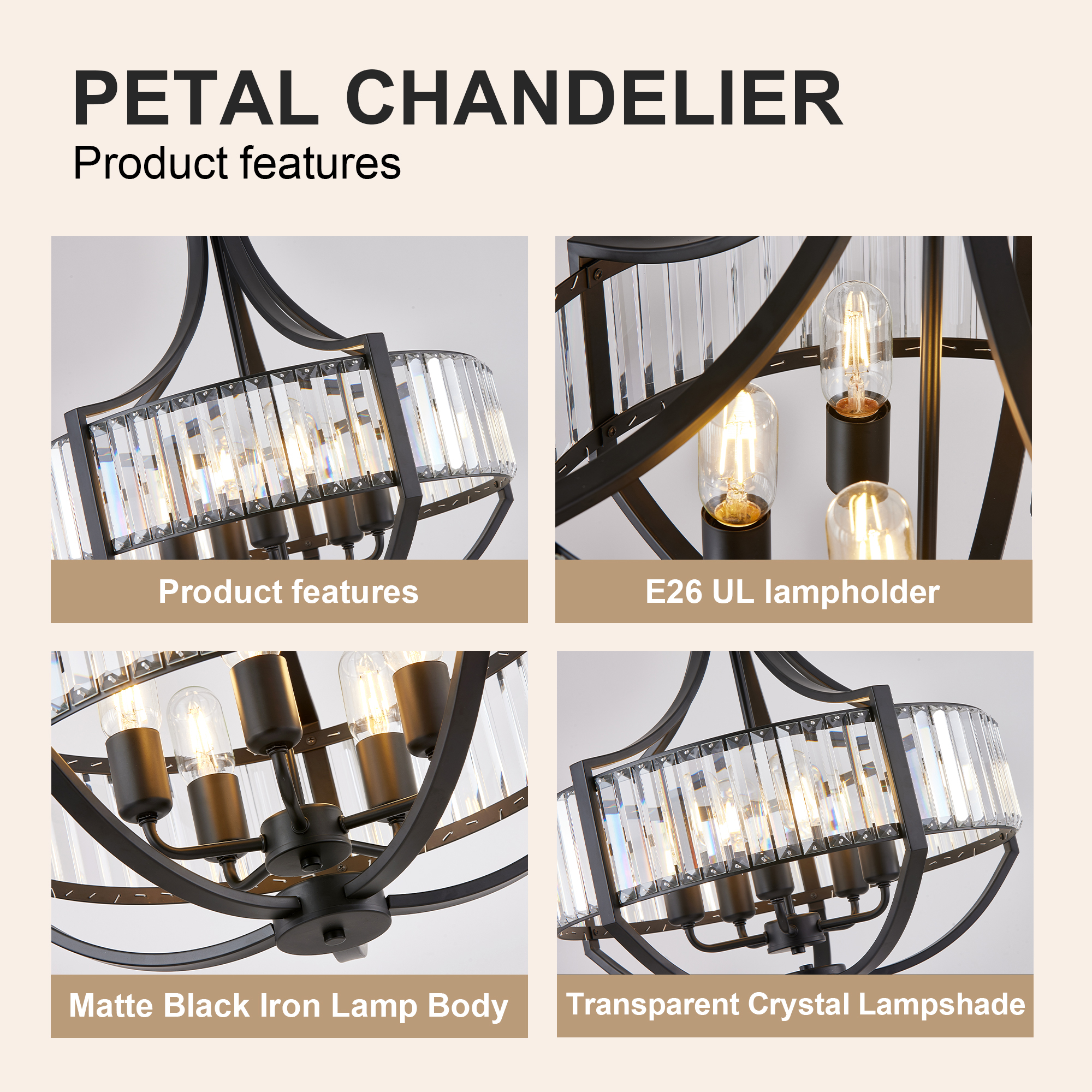 20" Modern Farmhouse Crystal Chandeliers for Dining Room, 5-Light Black Antique Pendant Chandelier, Contemporary Hanging Light Fixture for Living Room Bedroom Foyer Kitchen Island Entryway photo 7