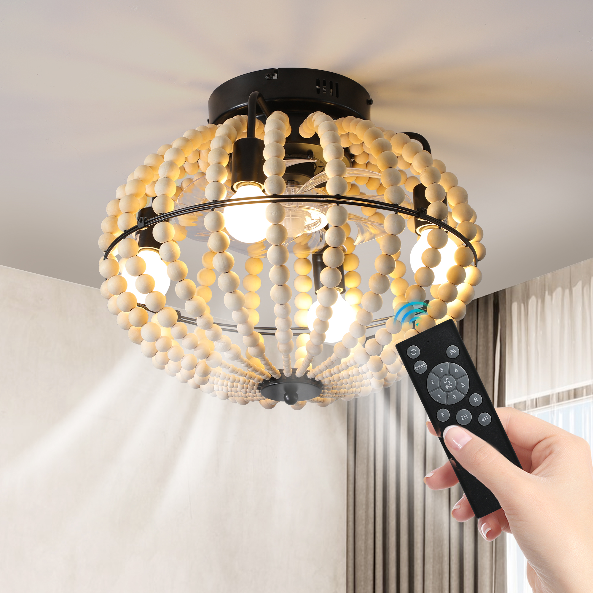 18" Bohemian Wood Beaded Ceiling Fan with Light, Flush Mount Caged Ceiling Fan, Rustic Farmhouse Low Profile Fan Light Fixture for Indoor Home Decor (Silent/6-Speed/Reversible/DC Motor) (No Bulbs) photo 5