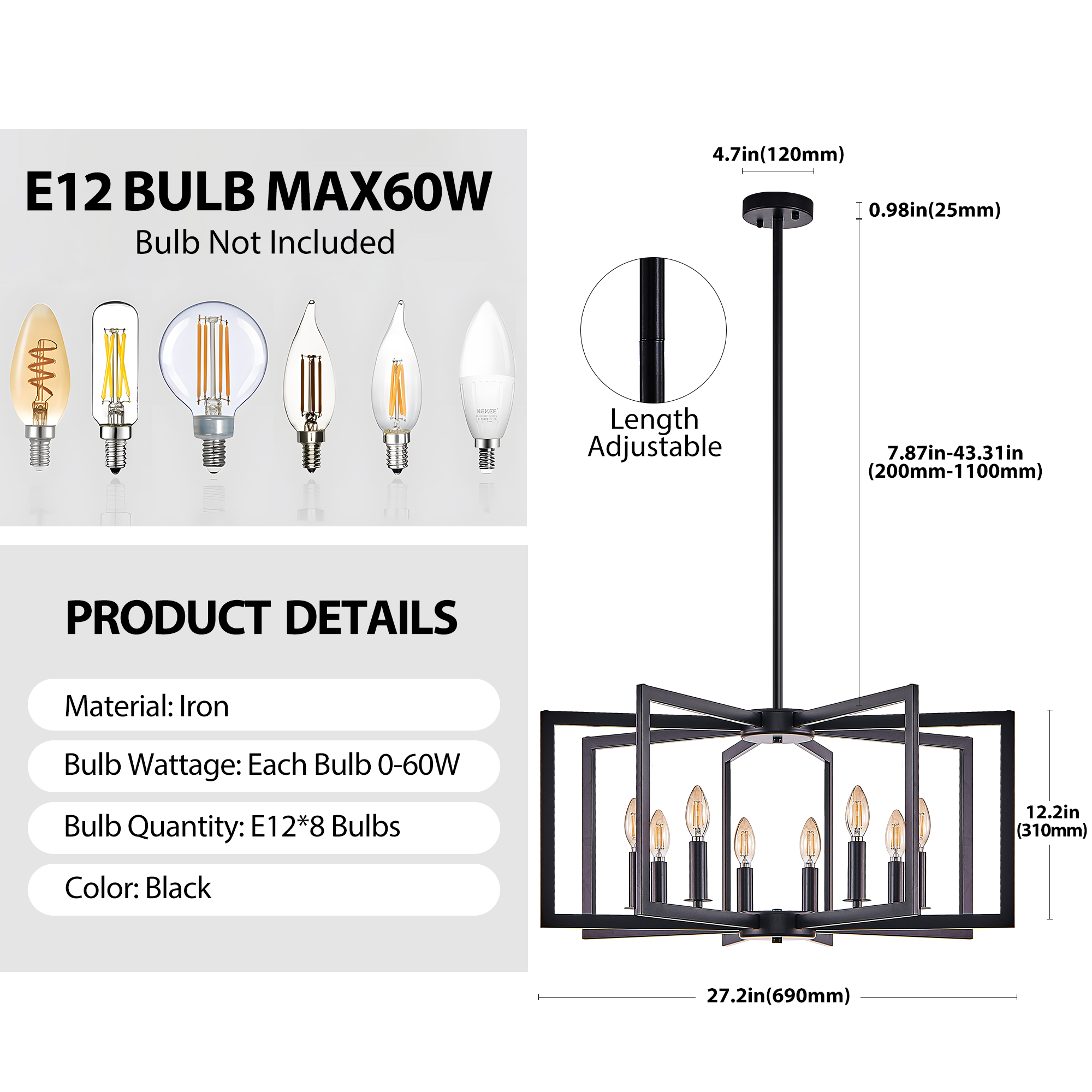 27" Modern Black Geometric 8-Light Chandelier – Industrial Metal Pendant Light Fixture for Living Room, Dining Room, or Kitchen (Bulb Not Included) photo 6