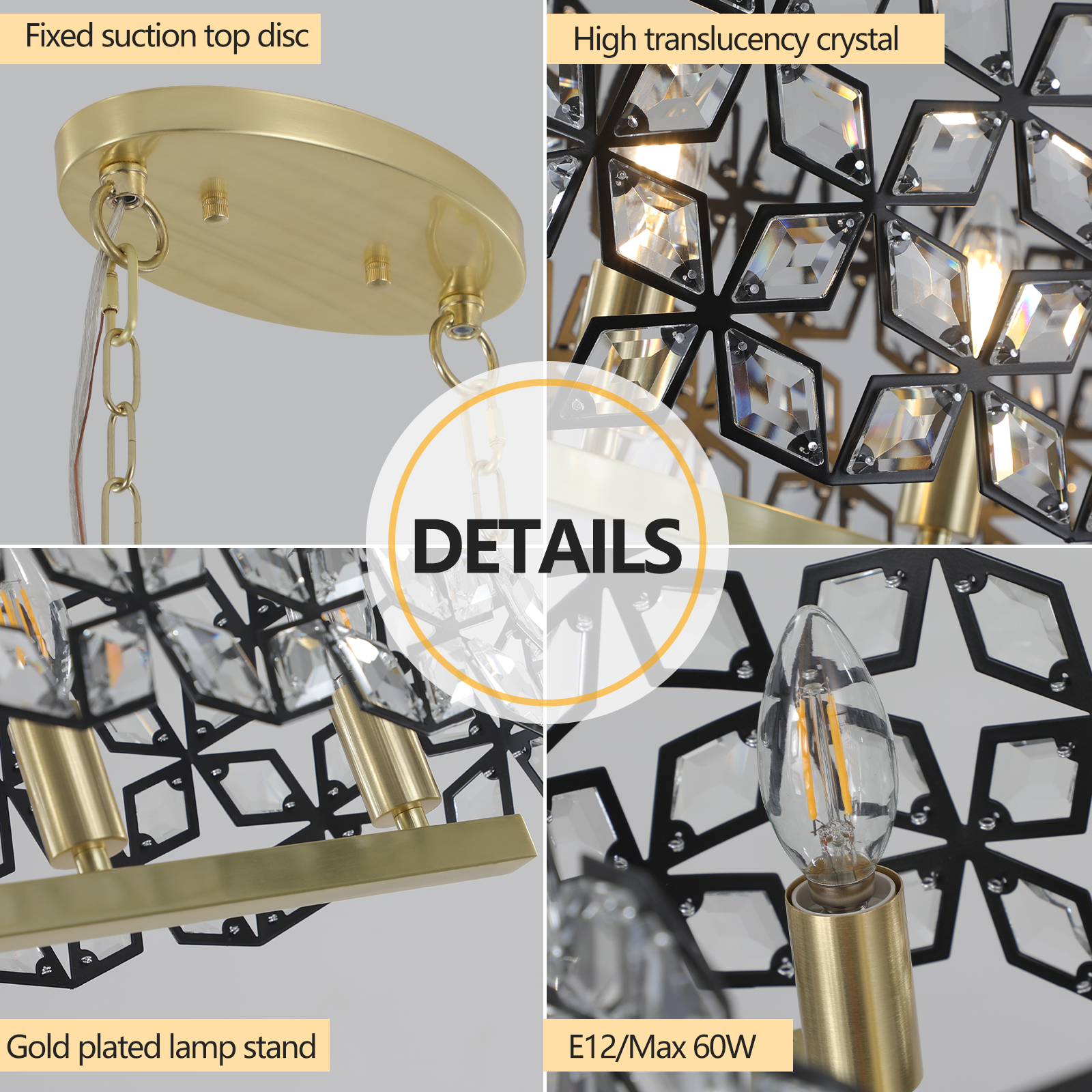 39" Contemporary Crystal and BlackGold Pendant Chandelier – Geometric Modern Light Fixture for Dining Room, Kitchen, or Living Room (Bulb Not Included) photo 4