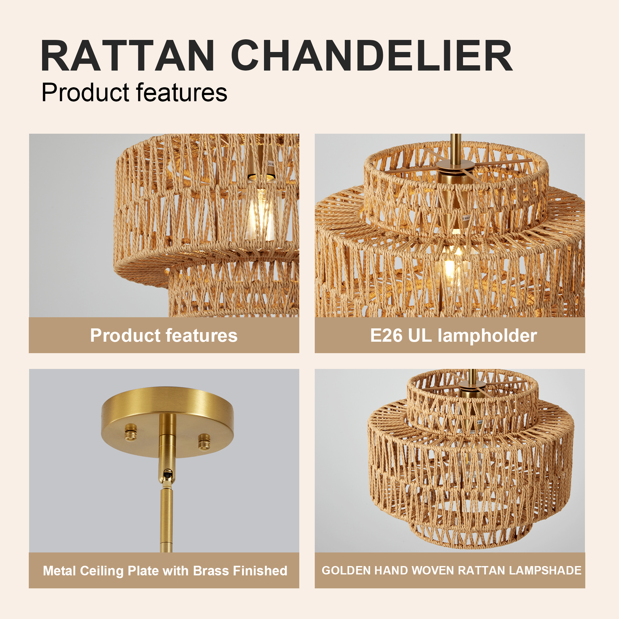 12.6 in Boho Rattan Chandelier Light Fixture,1-Light Hand Woven Pendant Light Fixture Farmhouse Rustic Hanging Lamp for Kitchen Island Bedroom, Dining Room, Living Room, Entryway, Foyer photo 6