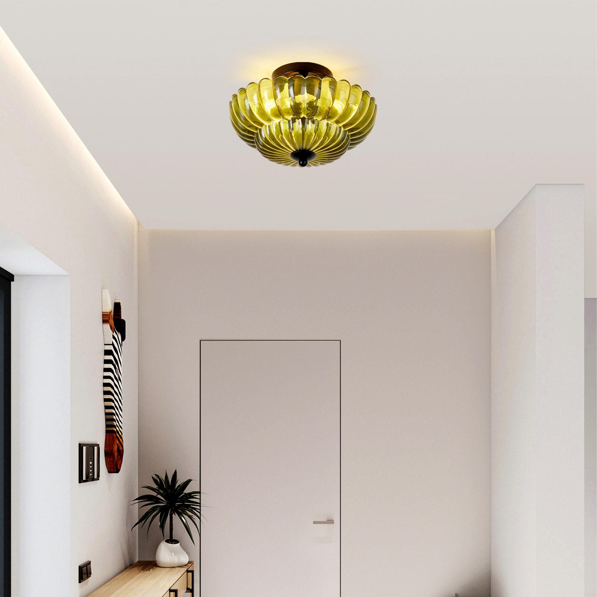 Semi Flush Mount Ceiling Light, Green Glass Ceiling Light Fixture, 3-Bulb Modern Black Close to Ceiling Light, Vintage Glass Ceiling Lights for Bedroom Kitchen Living Room, Bulb Not Included photo 8