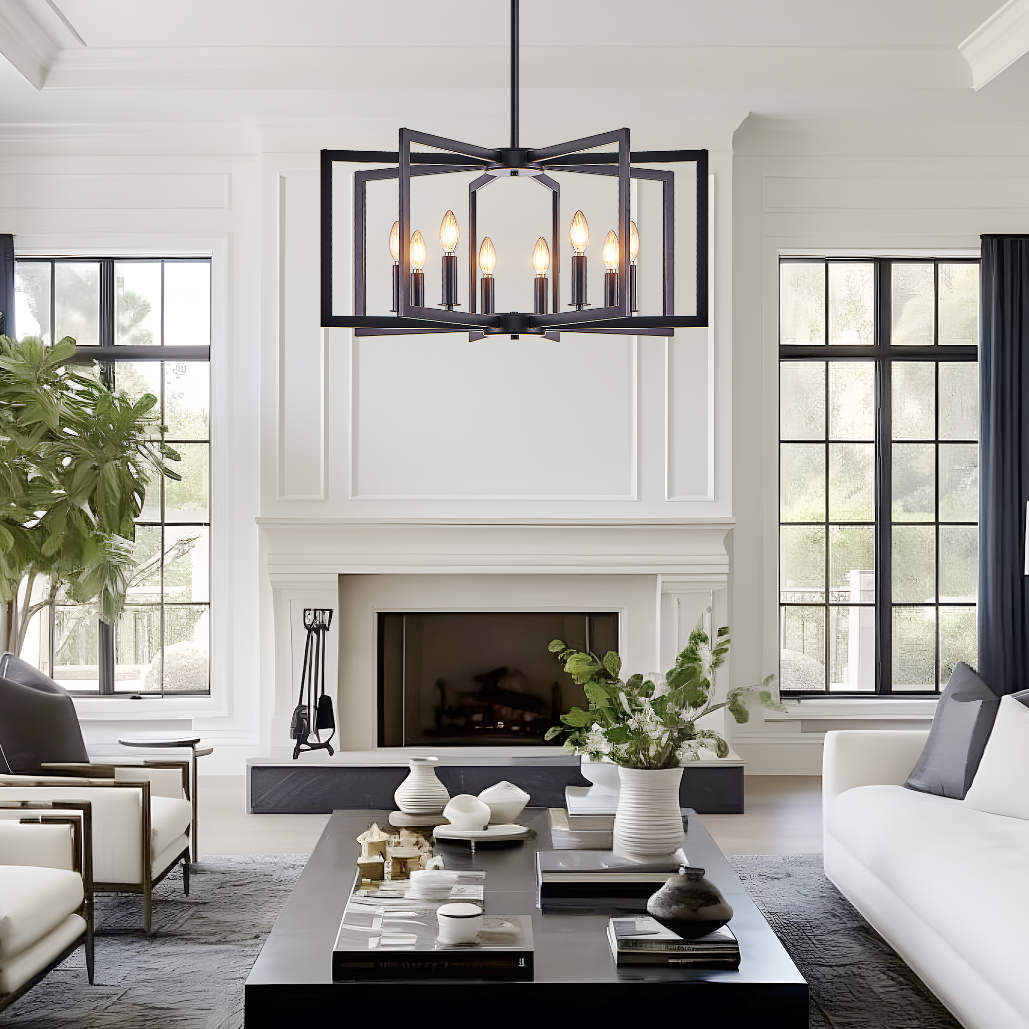 27" Modern Black Geometric 8-Light Chandelier – Industrial Metal Pendant Light Fixture for Living Room, Dining Room, or Kitchen (Bulb Not Included) photo 2