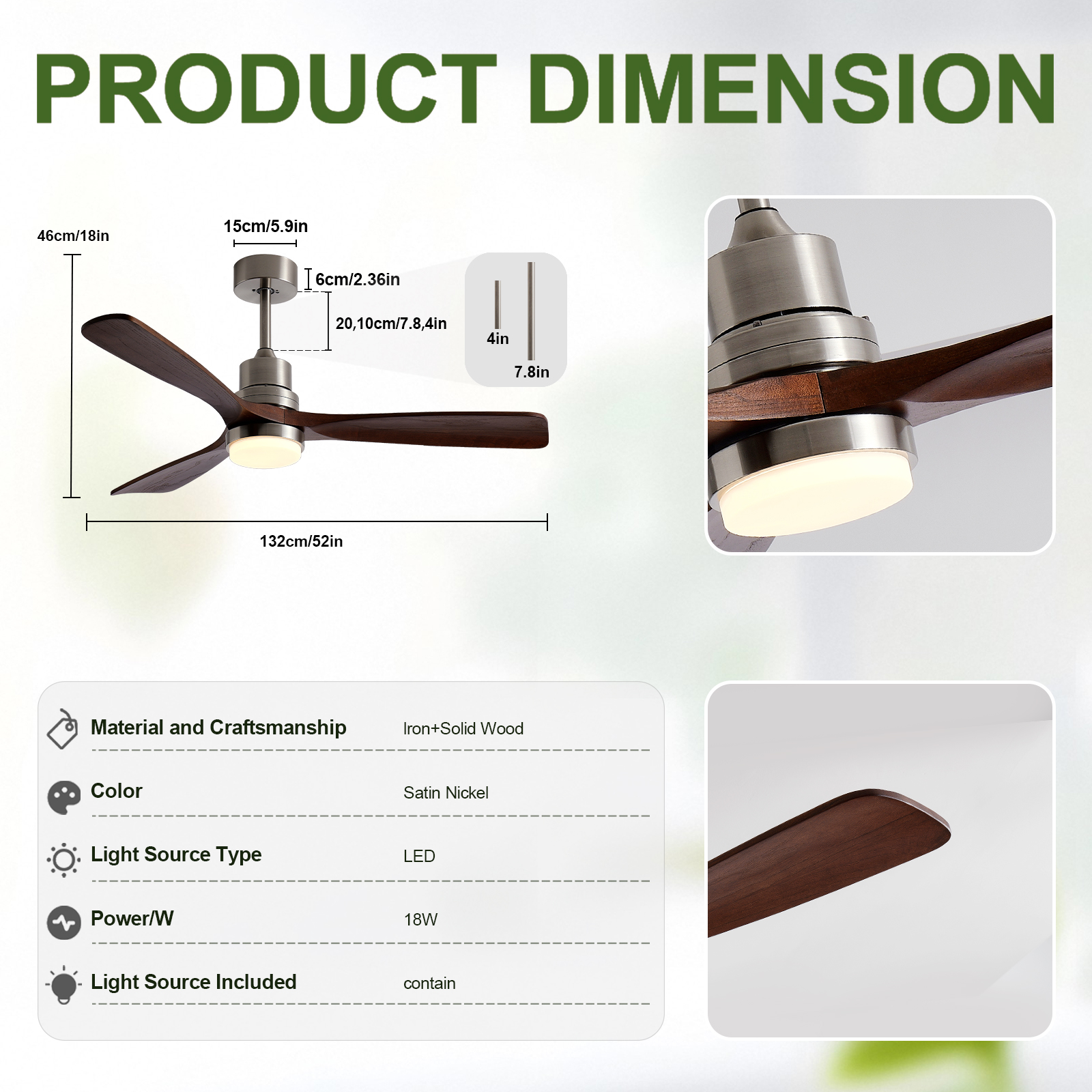 52 Inch Brushed Nickel Ceiling Fans with Lights and Remote Control, Modern Ceiling Fan Light, 3 Blades, 6 Speed DC Motor, Indoor Outdoor Ceiling Fan for Farmhouse,Bedroom photo 4
