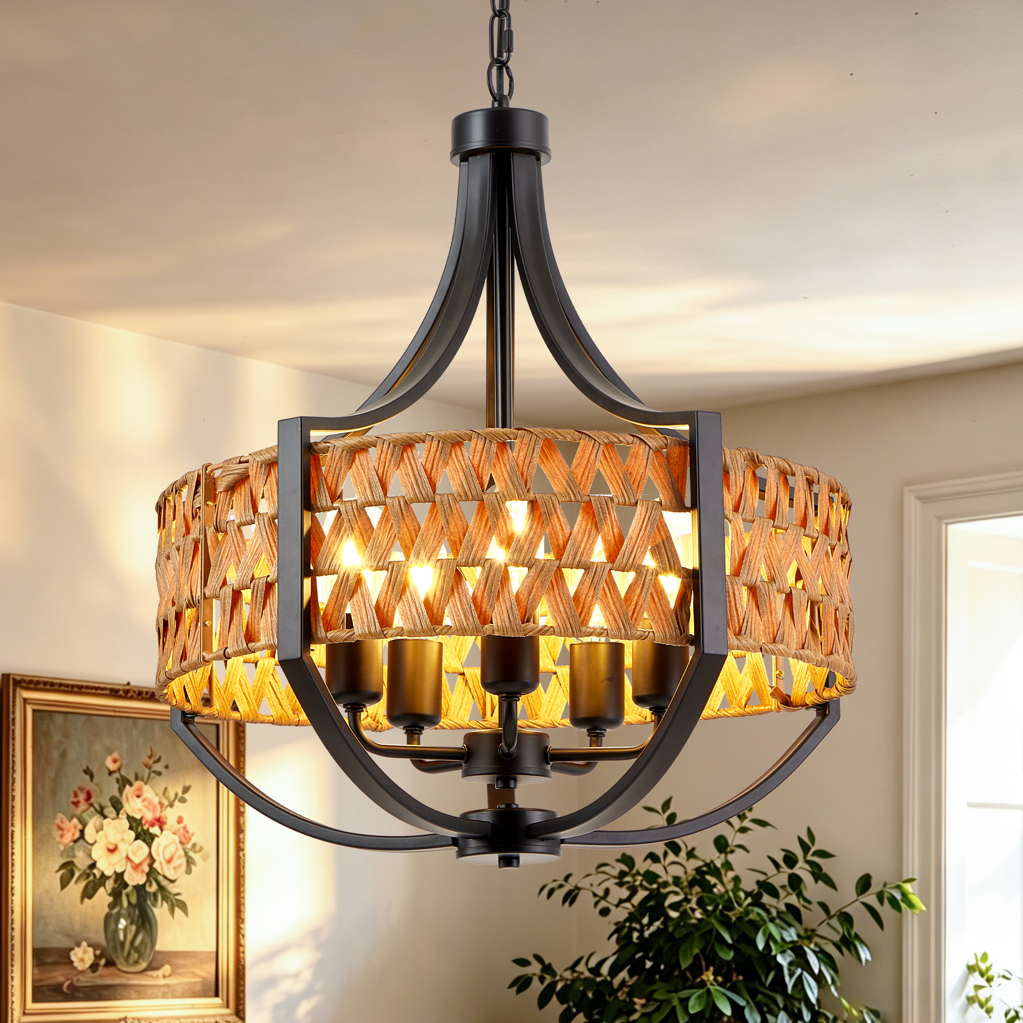 19.7" Rattan Chandelier, 5-Light Boho Chandelier with Natural Woven Reed Shade, Black Farmhouse Hanging Ceiling Light Pendant Light for Dining Room, Living Room, Foyer, Bedroom Hallway photo 8