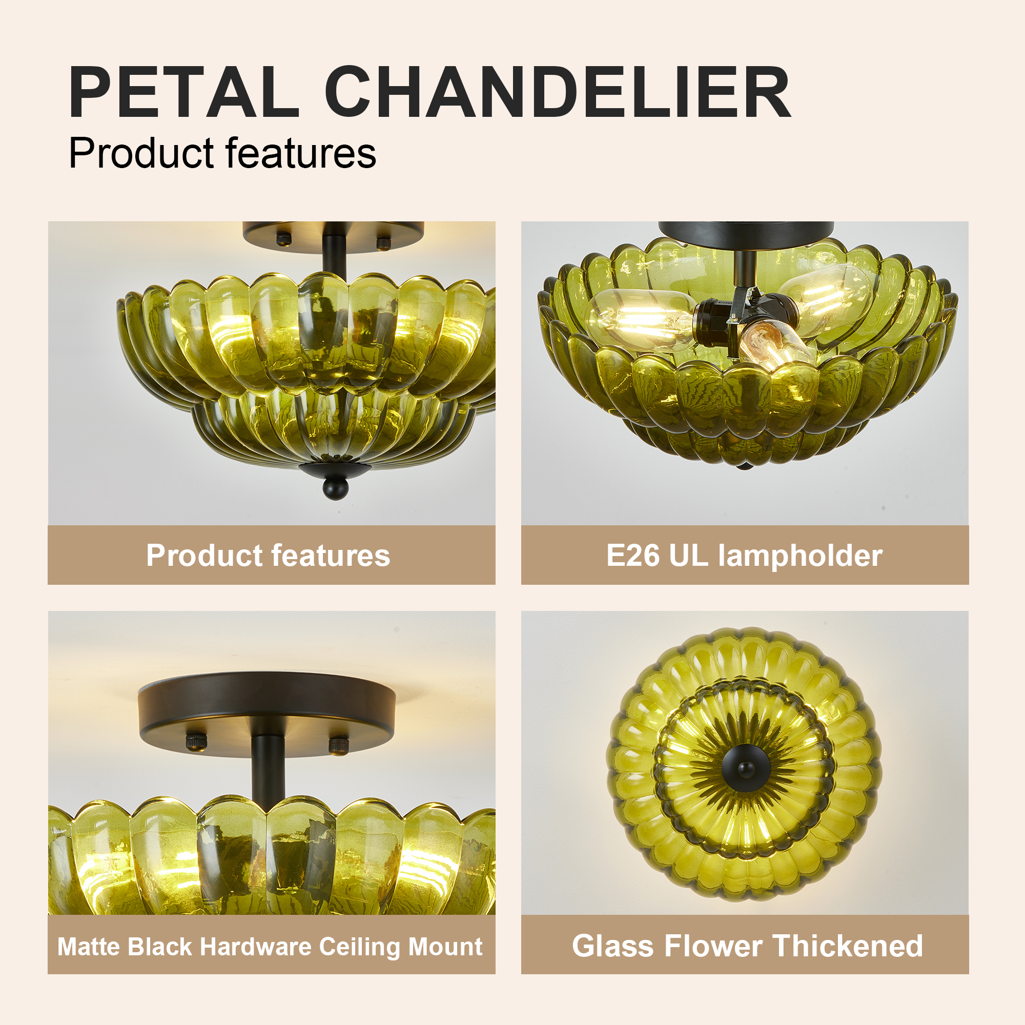 Semi Flush Mount Ceiling Light, Green Glass Ceiling Light Fixture, 3-Bulb Modern Black Close to Ceiling Light, Vintage Glass Ceiling Lights for Bedroom Kitchen Living Room, Bulb Not Included photo 4