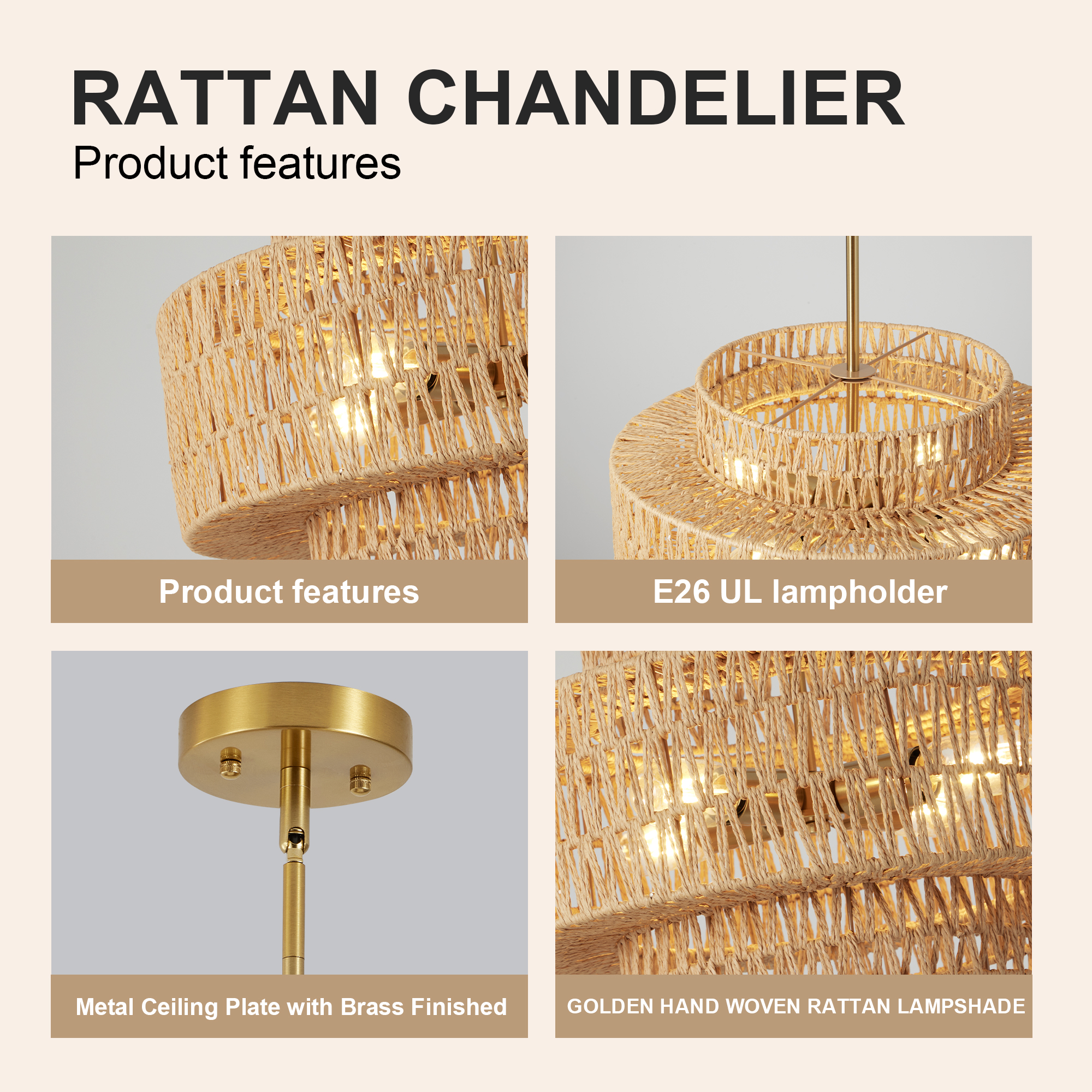 17.7" Boho Rattan Chandelier for Dining Room Light Fixture, 4-Light Hand Woven Wicker Pendant Light Fixture, Farmhouse Rustic Hanging Chandelier for Dining Room, Kitchen Island, Living, Bedroom photo 3