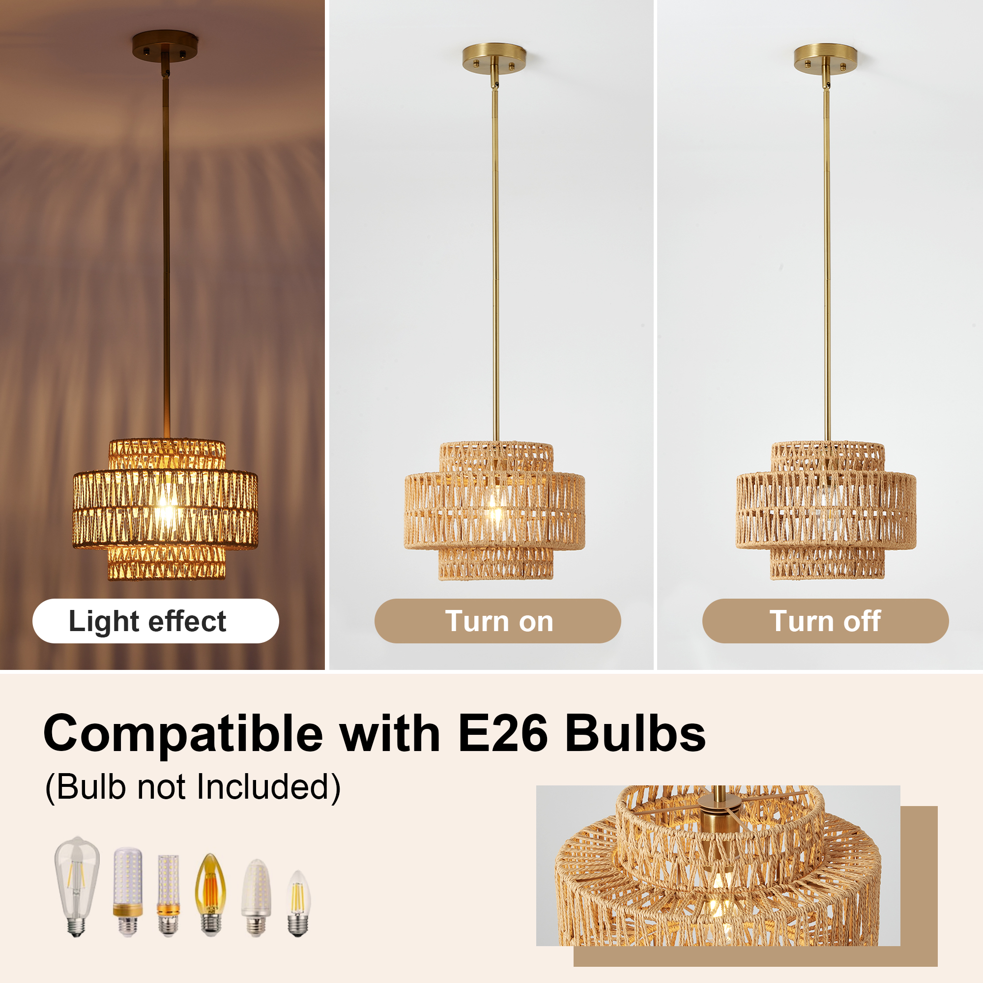 12.6 in Boho Rattan Chandelier Light Fixture,1-Light Hand Woven Pendant Light Fixture Farmhouse Rustic Hanging Lamp for Kitchen Island Bedroom, Dining Room, Living Room, Entryway, Foyer photo 2