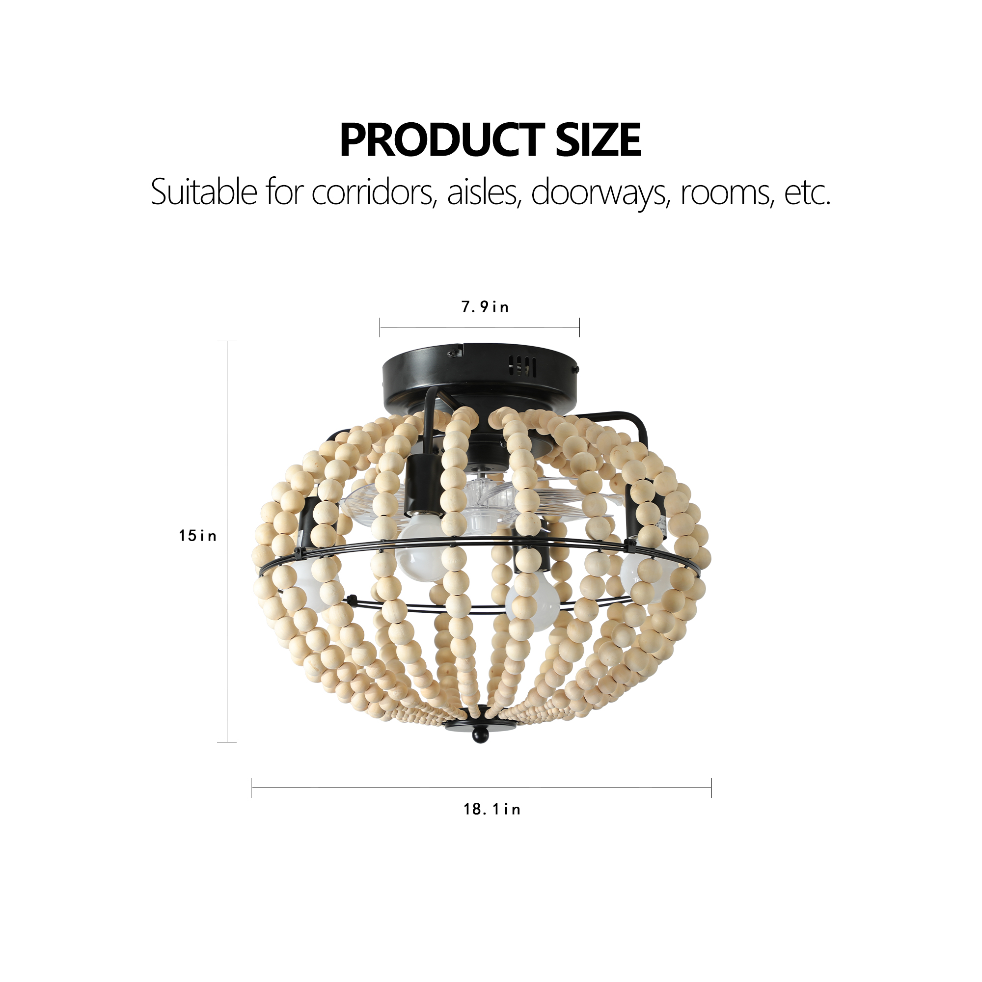 18" Bohemian Wood Beaded Ceiling Fan with Light, Flush Mount Caged Ceiling Fan, Rustic Farmhouse Low Profile Fan Light Fixture for Indoor Home Decor (Silent/6-Speed/Reversible/DC Motor) (No Bulbs) photo 7