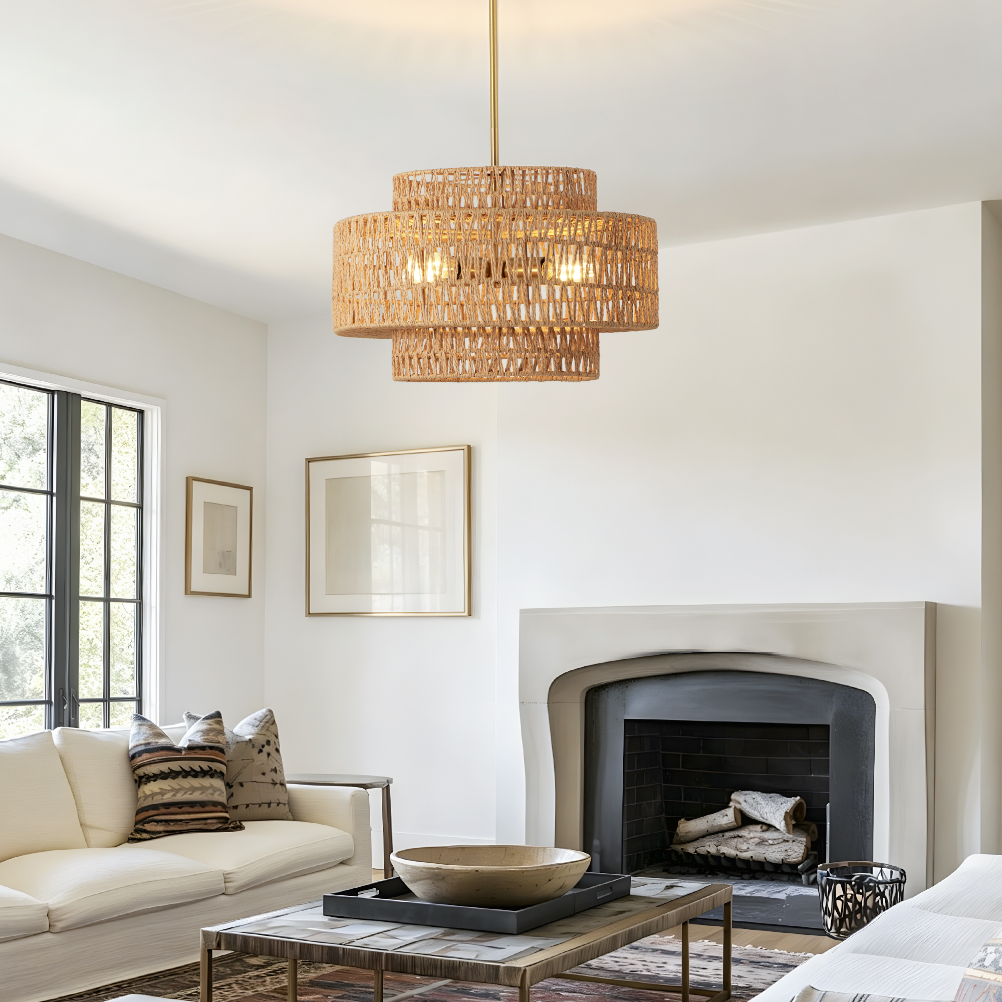 17.7" Boho Rattan Chandelier for Dining Room Light Fixture, 4-Light Hand Woven Wicker Pendant Light Fixture, Farmhouse Rustic Hanging Chandelier for Dining Room, Kitchen Island, Living, Bedroom photo 7