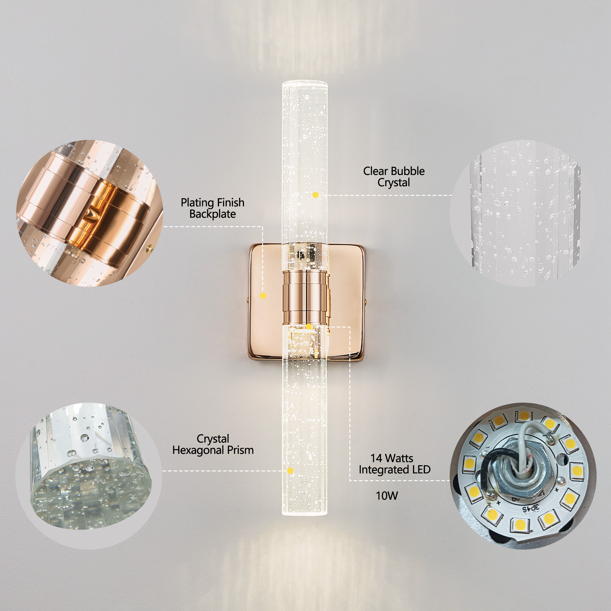 (Same as W1340P225797/L005027-H430-W1G2)17"(H) Contemporary Crystal Wall Light, Gold Plating Finish with Bubble Crystal, 2-Light Sconce for Bathroom, Bedroom, Hallway – Modern Indoor Lighting Fixture photo 7