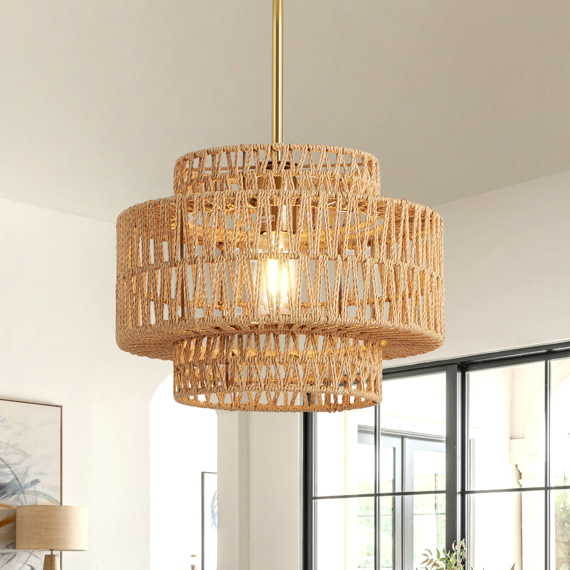 12.6 in Boho Rattan Chandelier Light Fixture,1-Light Hand Woven Pendant Light Fixture Farmhouse Rustic Hanging Lamp for Kitchen Island Bedroom, Dining Room, Living Room, Entryway, Foyer photo 1