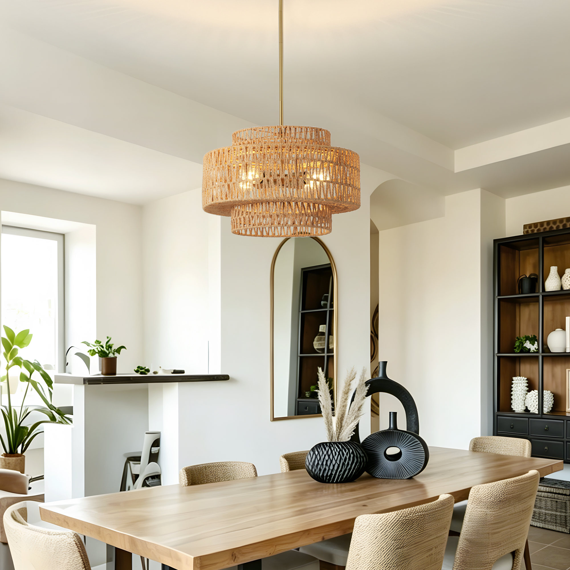 17.7" Boho Rattan Chandelier for Dining Room Light Fixture, 4-Light Hand Woven Wicker Pendant Light Fixture, Farmhouse Rustic Hanging Chandelier for Dining Room, Kitchen Island, Living, Bedroom photo 6