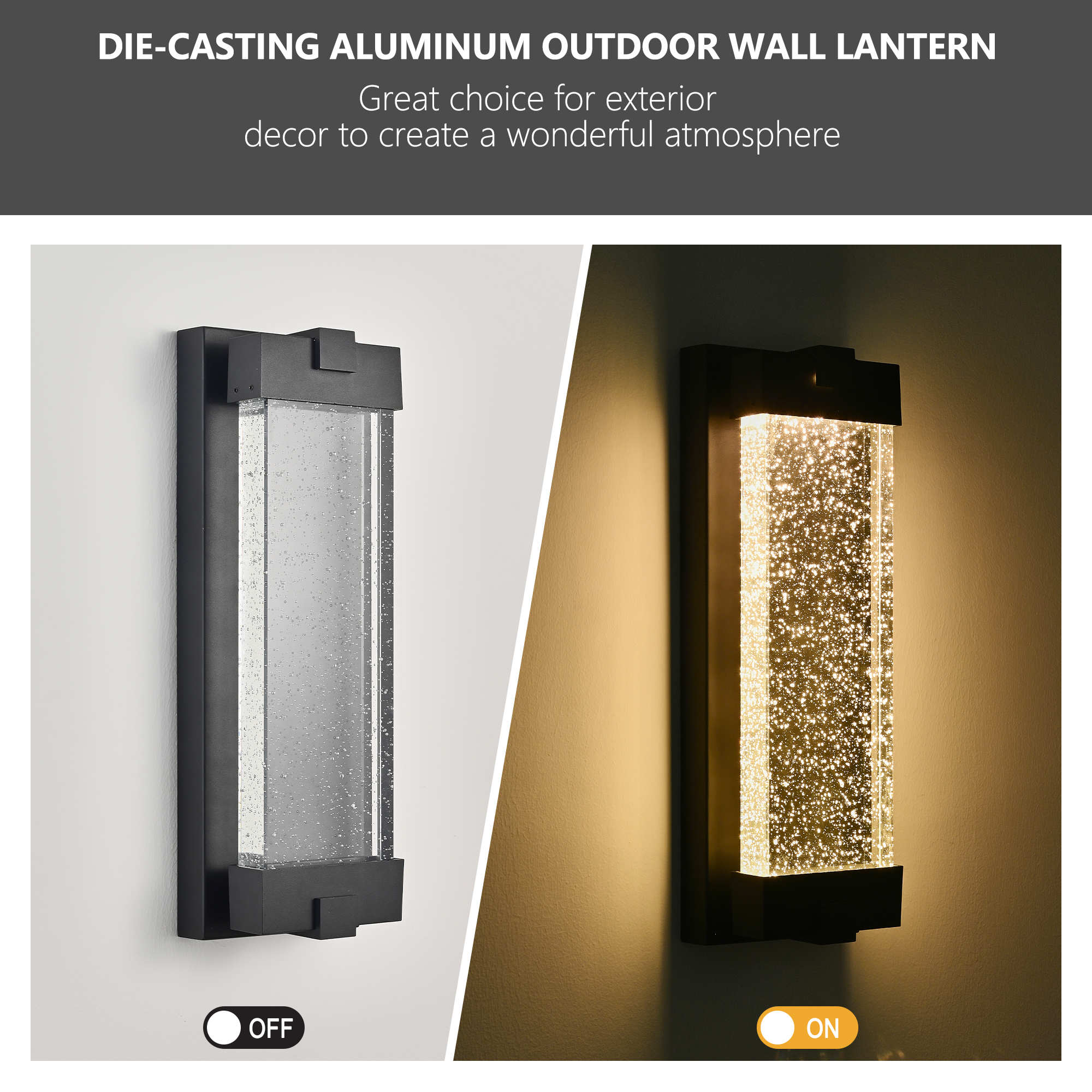 19"(H) Black Aluminum Finish Outdoor Wall Light with Bubble Crystal Glass, LED Light Source, 3000K Warm Light, Weatherproof Exterior Sconce for Patio, Porch, or Garage (1-pack) photo 2