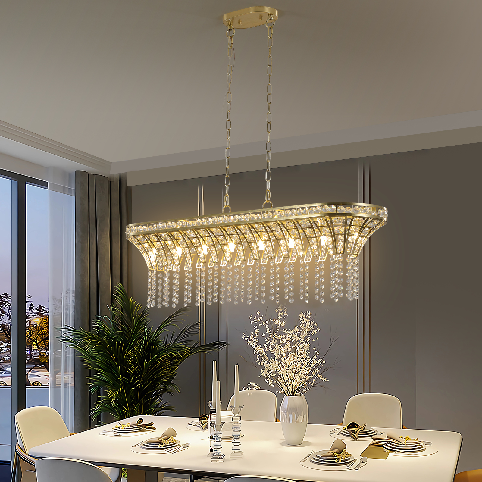 39" Modern Crystal Linear Rectangle Chandelier with Gold Finish, Elegant Pendant Light with Cascading Beads, for Dining Room, Living Room, or Foyer (Bulb Not Included) photo 2