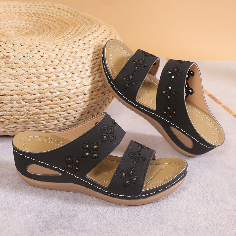 Wedge-heeled Embroidered Round-toe Open-toe Casual Womens Slippers photo 6