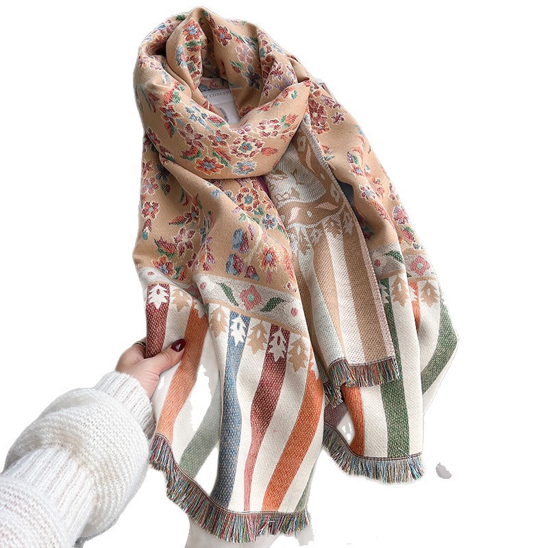 Retro Floral Jacquard Double-Sided Thickened Scarf For Autumn And Winter photo 5