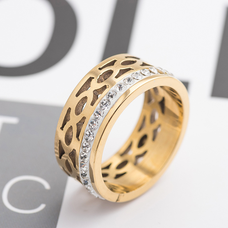 Fashionable Hollowed-out Diamond-studded Titanium Steel Ring photo 1