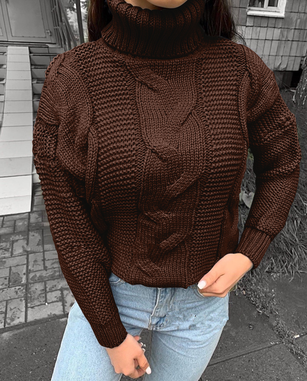 Women's Turtleneck Solid-Color Cable-Knit Pullover Casual Loose Sweater photo 2