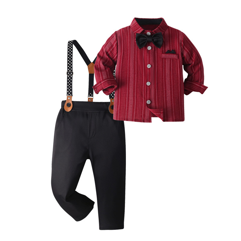Boy's Gentleman-style Set Red Shirt Bow Tie And Suspender Pants photo 2